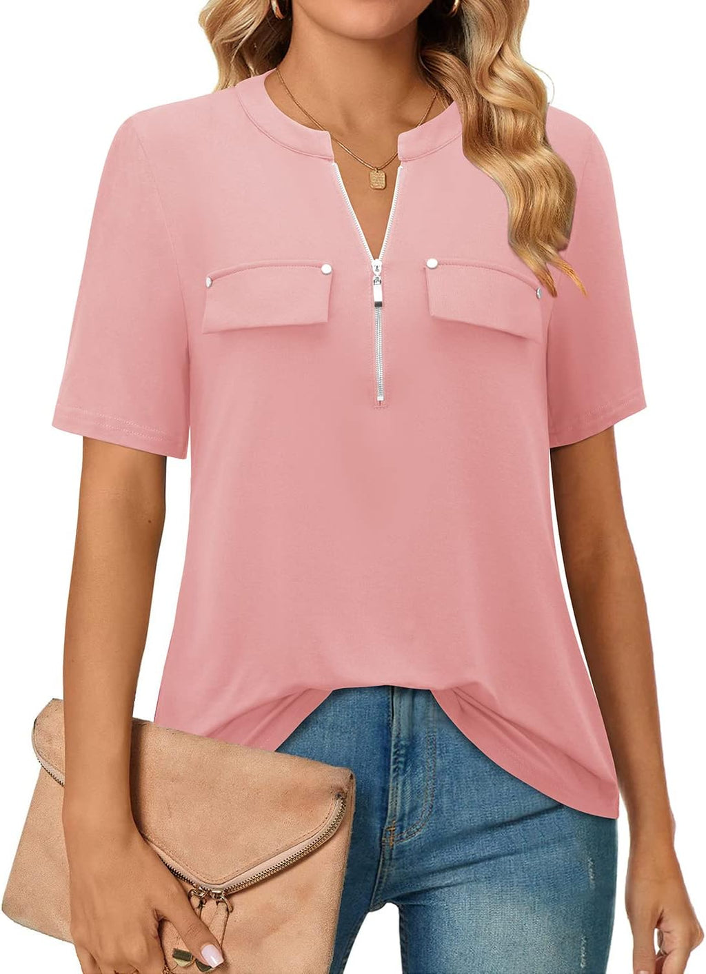 Short-Sleeve V-Neck Top with Zipper