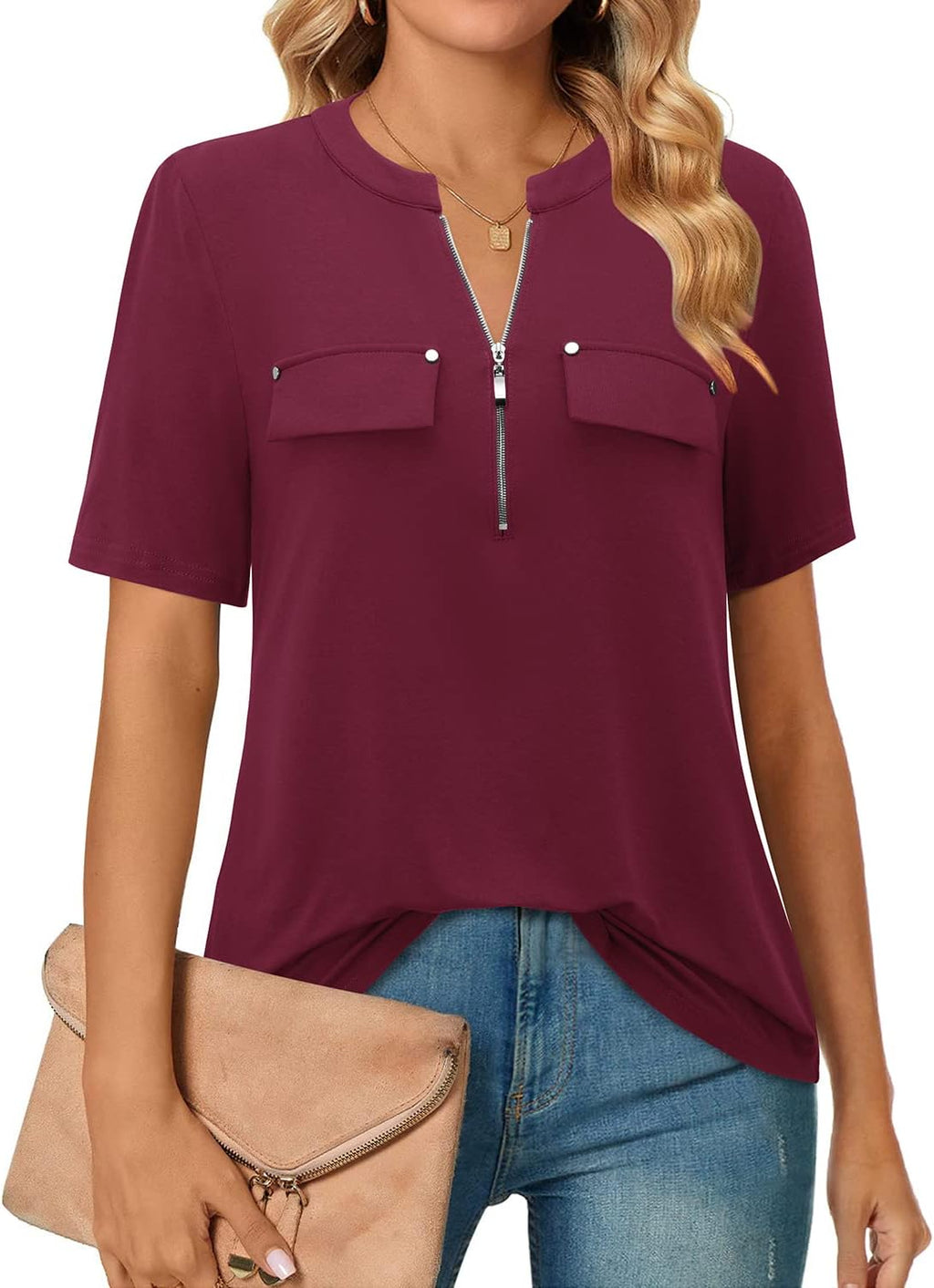 Short-Sleeve V-Neck Top with Zipper