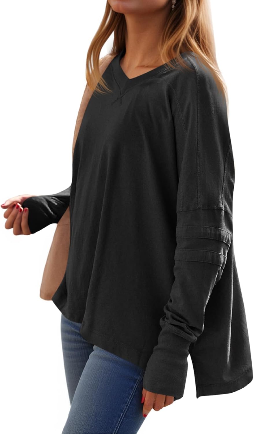Loose-Fit, Long-Sleeve, Shirt-Style V-Neck T-Shirt