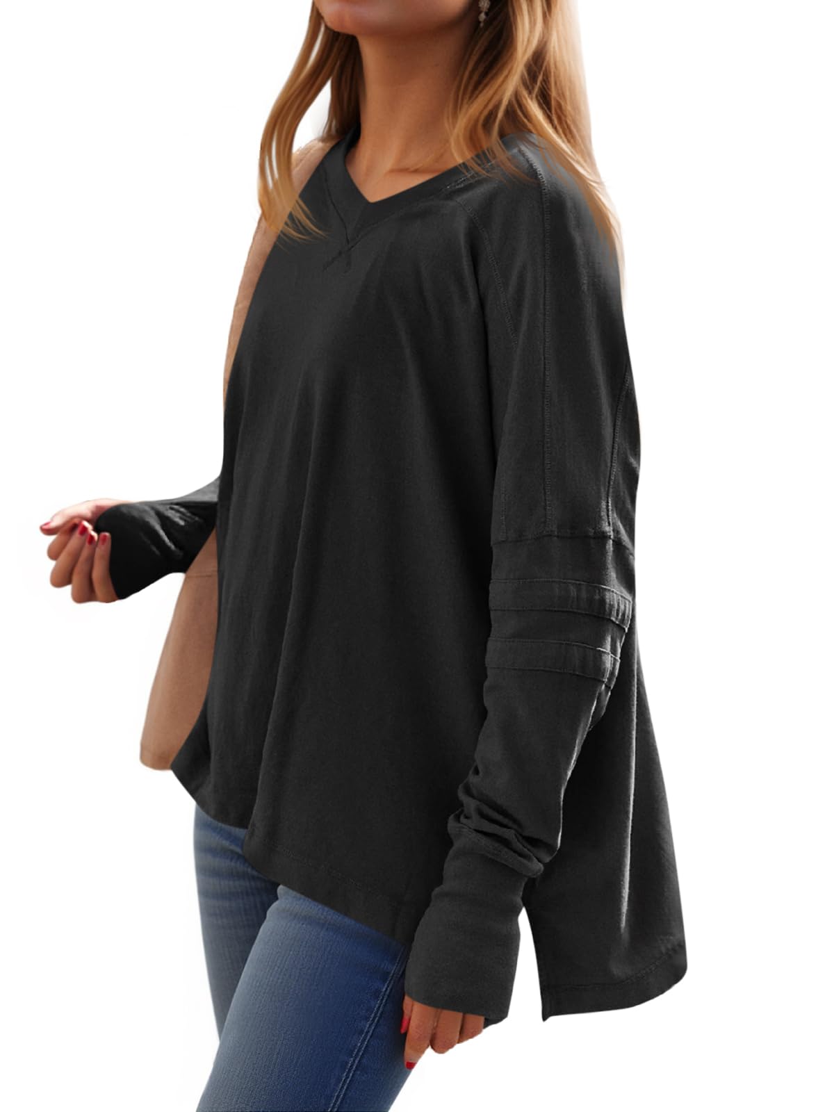 Loose-Fit, Long-Sleeve, Shirt-Style V-Neck T-Shirt