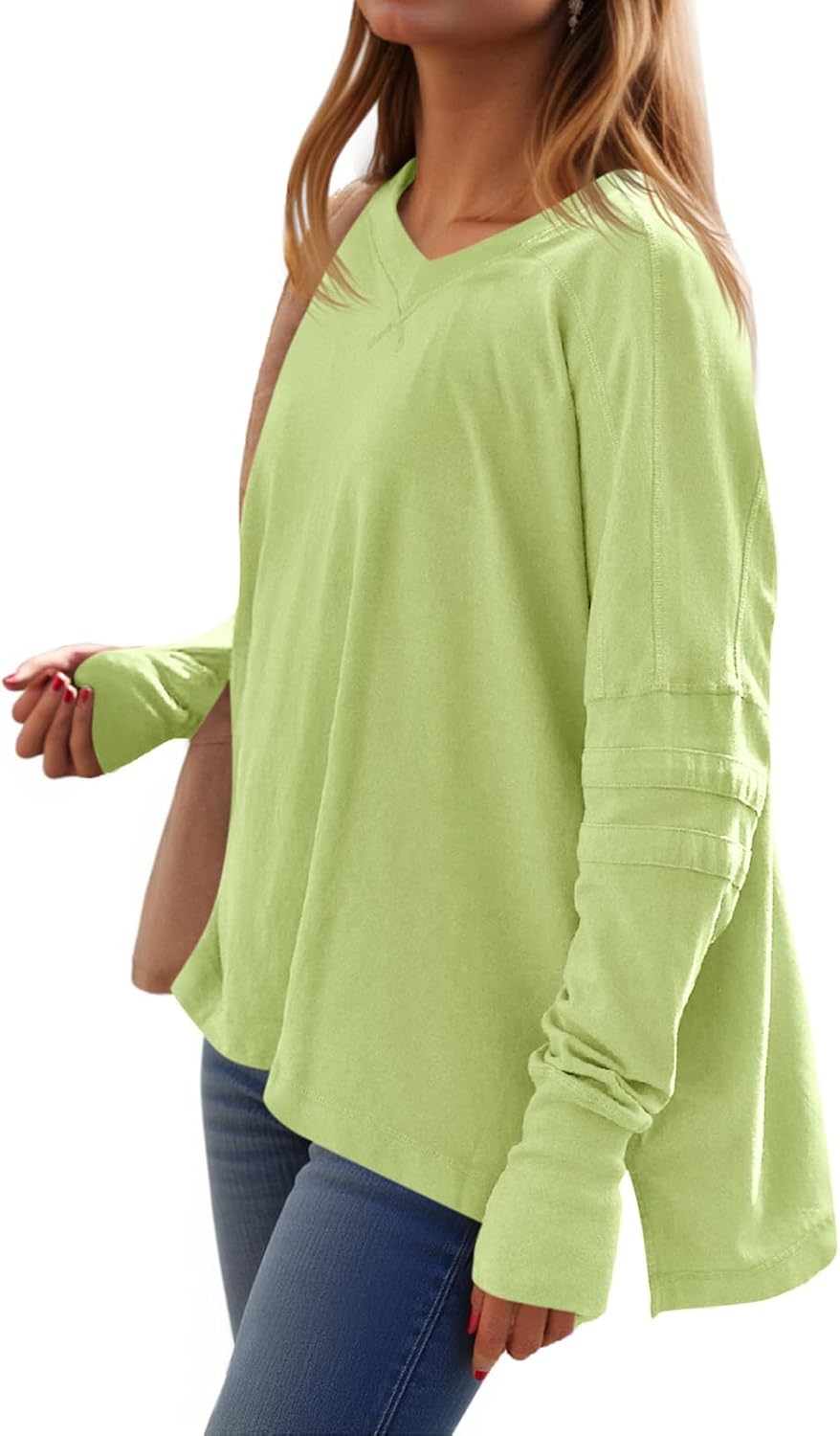 Loose-Fit, Long-Sleeve, Shirt-Style V-Neck T-Shirt
