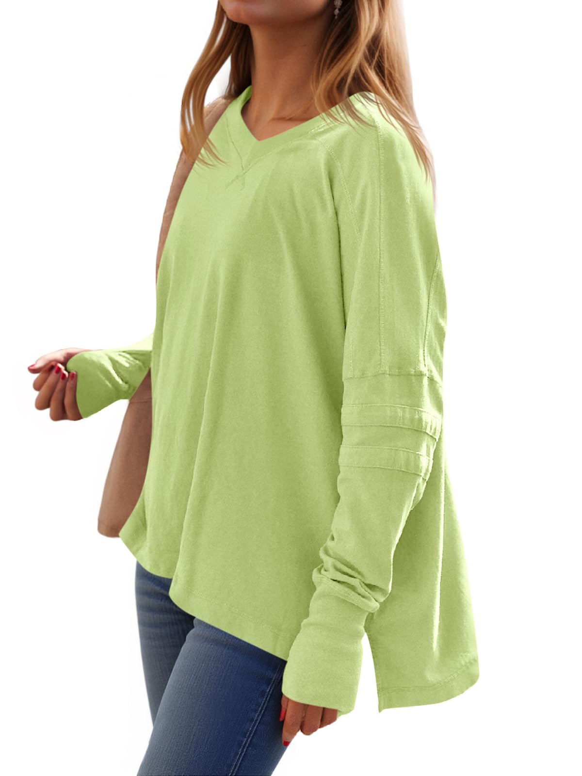 Loose-Fit, Long-Sleeve, Shirt-Style V-Neck T-Shirt