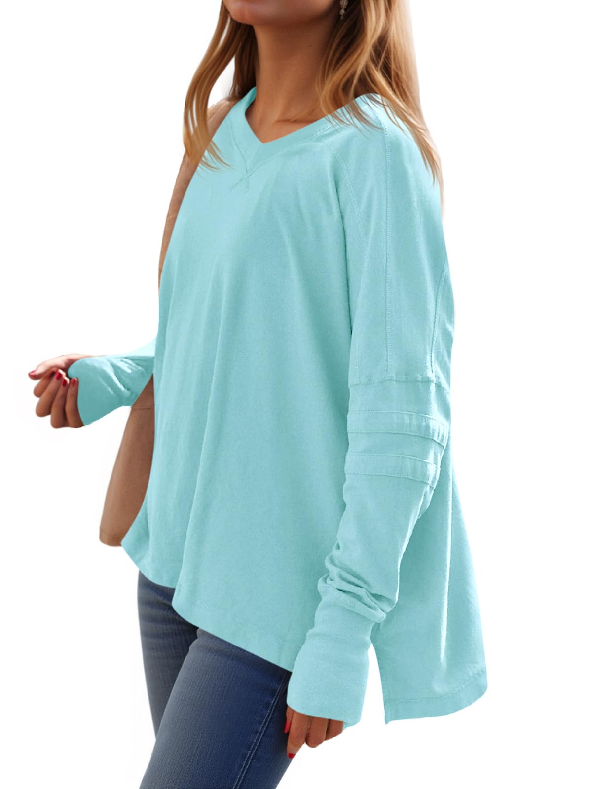 Loose-Fit, Long-Sleeve, Shirt-Style V-Neck T-Shirt