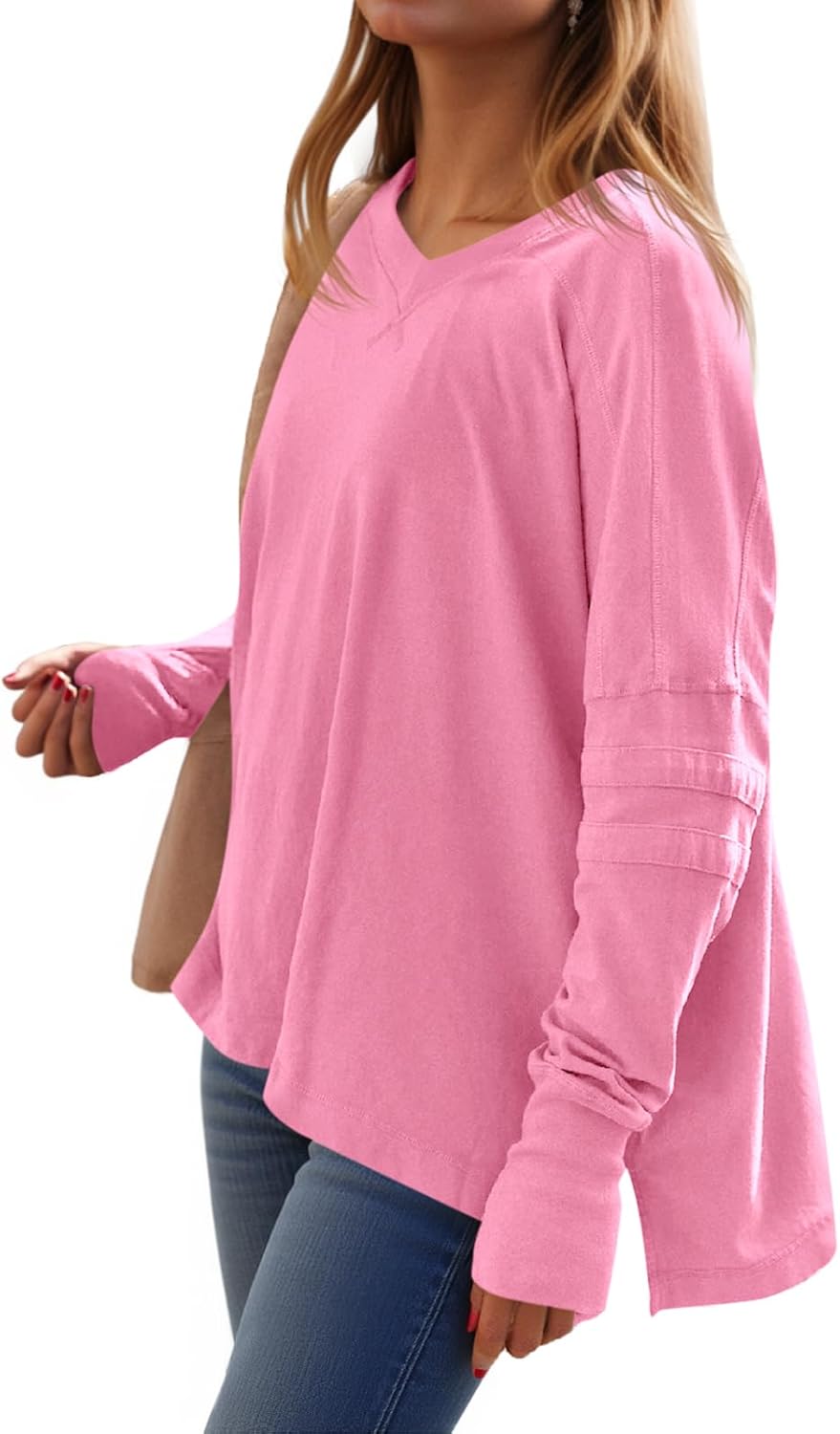 Loose-Fit, Long-Sleeve, Shirt-Style V-Neck T-Shirt
