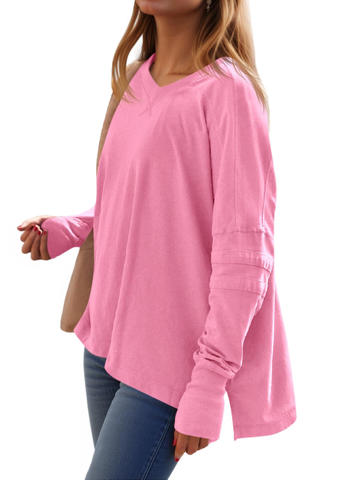 Loose-Fit, Long-Sleeve, Shirt-Style V-Neck T-Shirt
