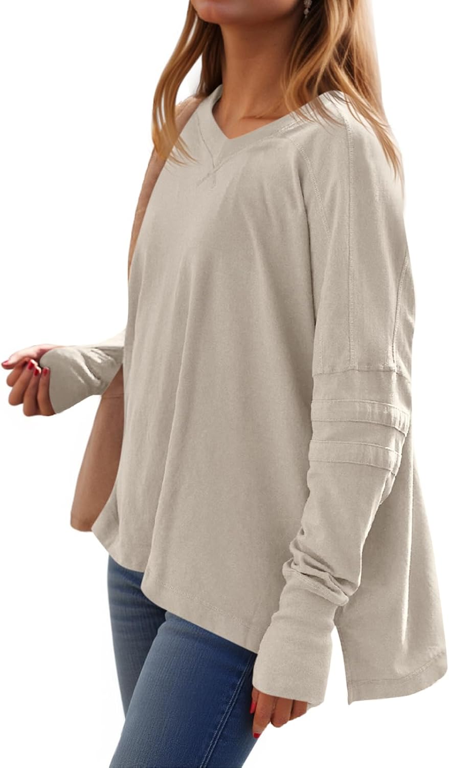 Loose-Fit, Long-Sleeve, Shirt-Style V-Neck T-Shirt