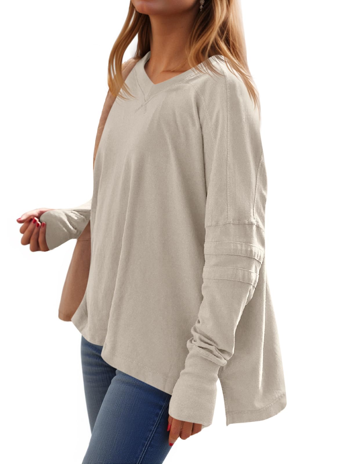 Loose-Fit, Long-Sleeve, Shirt-Style V-Neck T-Shirt