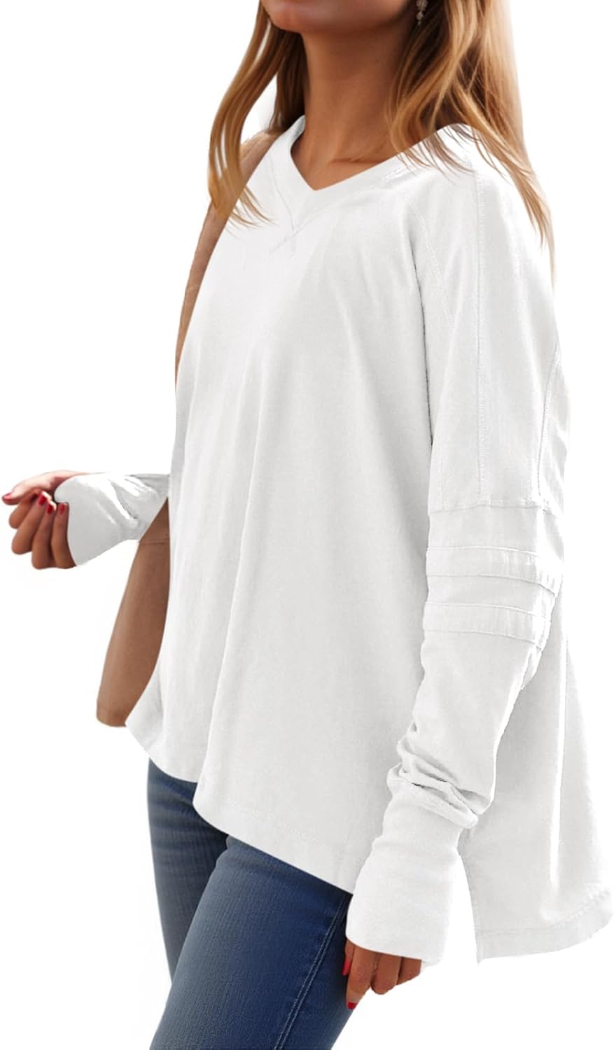 Loose-Fit, Long-Sleeve, Shirt-Style V-Neck T-Shirt