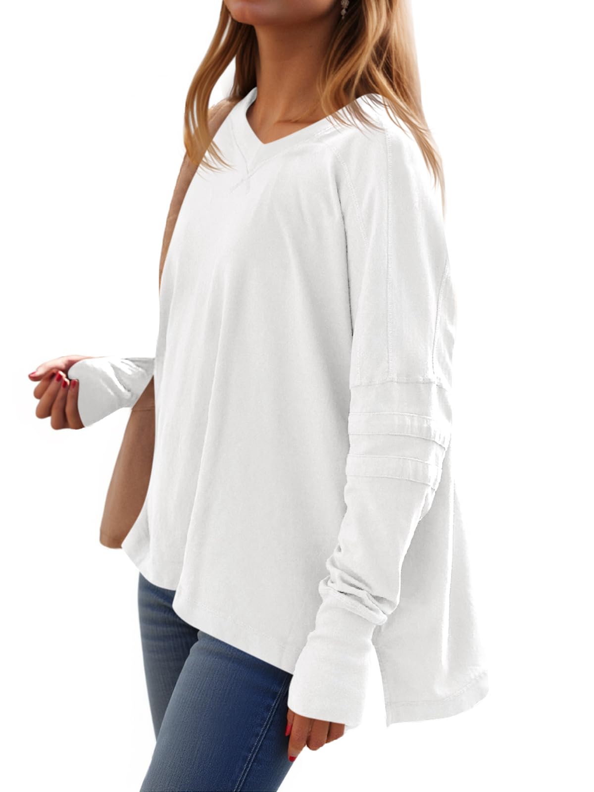 Loose-Fit, Long-Sleeve, Shirt-Style V-Neck T-Shirt