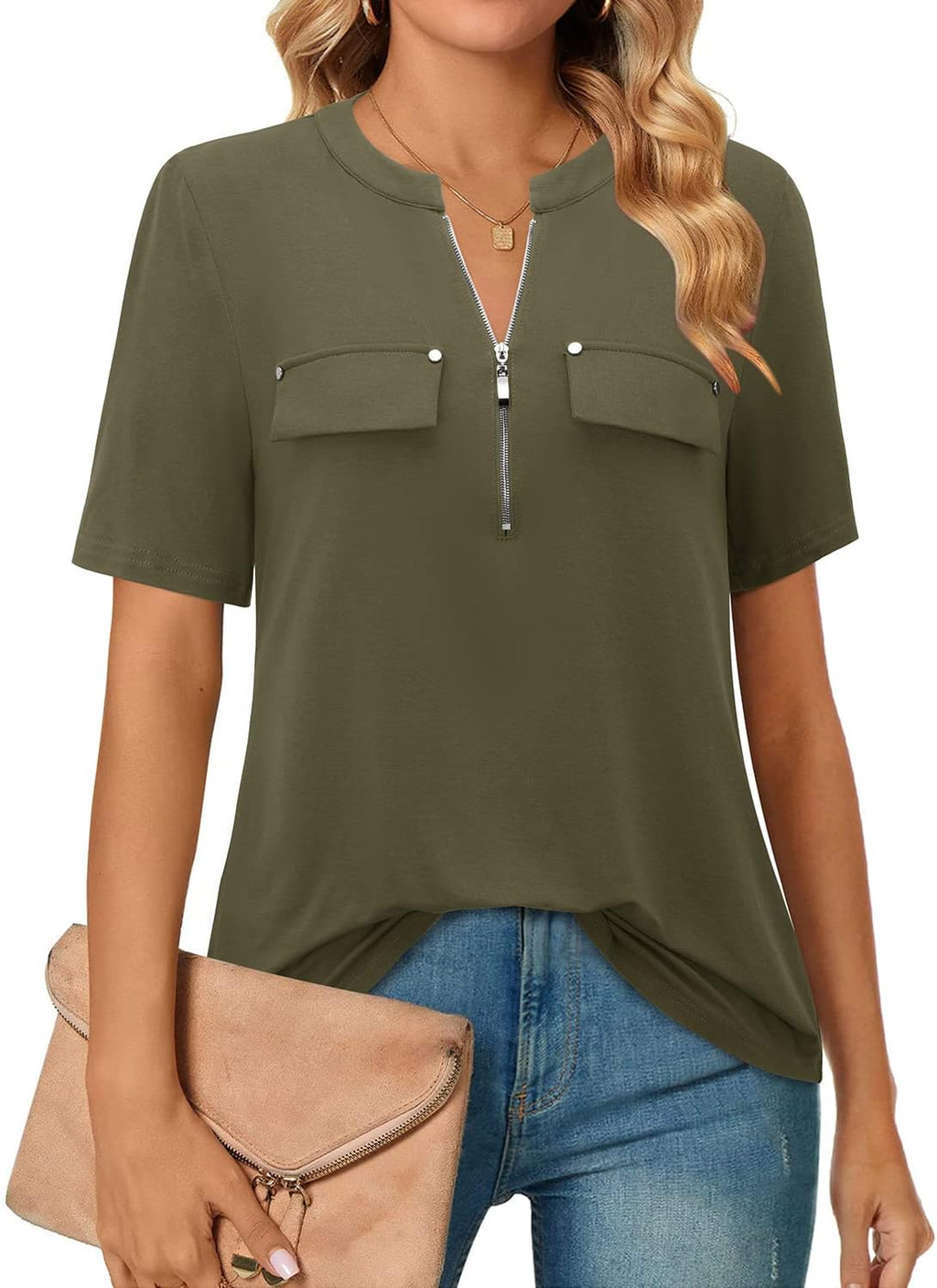 Short-Sleeve V-Neck Top with Zipper