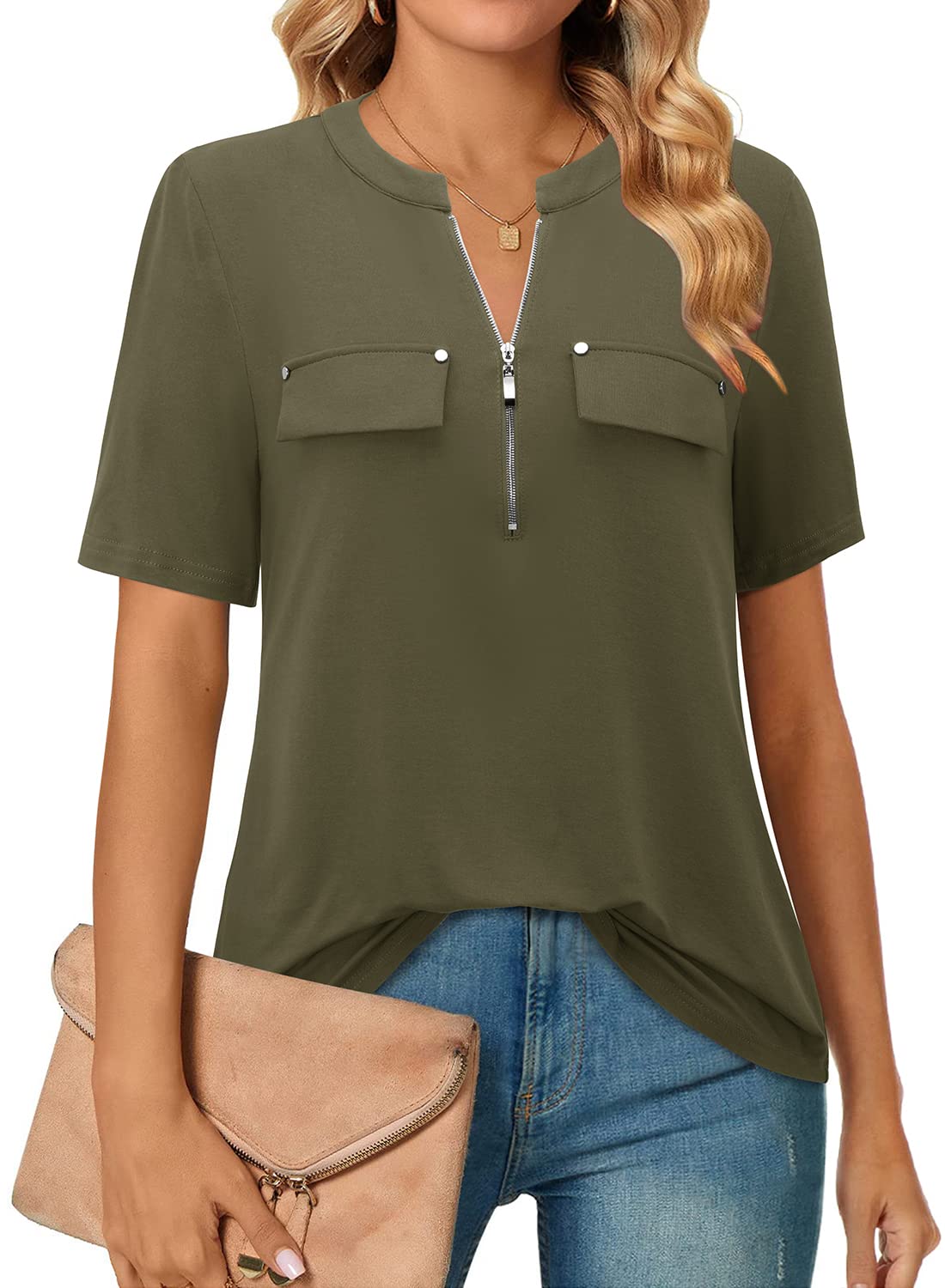 Short-Sleeve V-Neck Top with Zipper