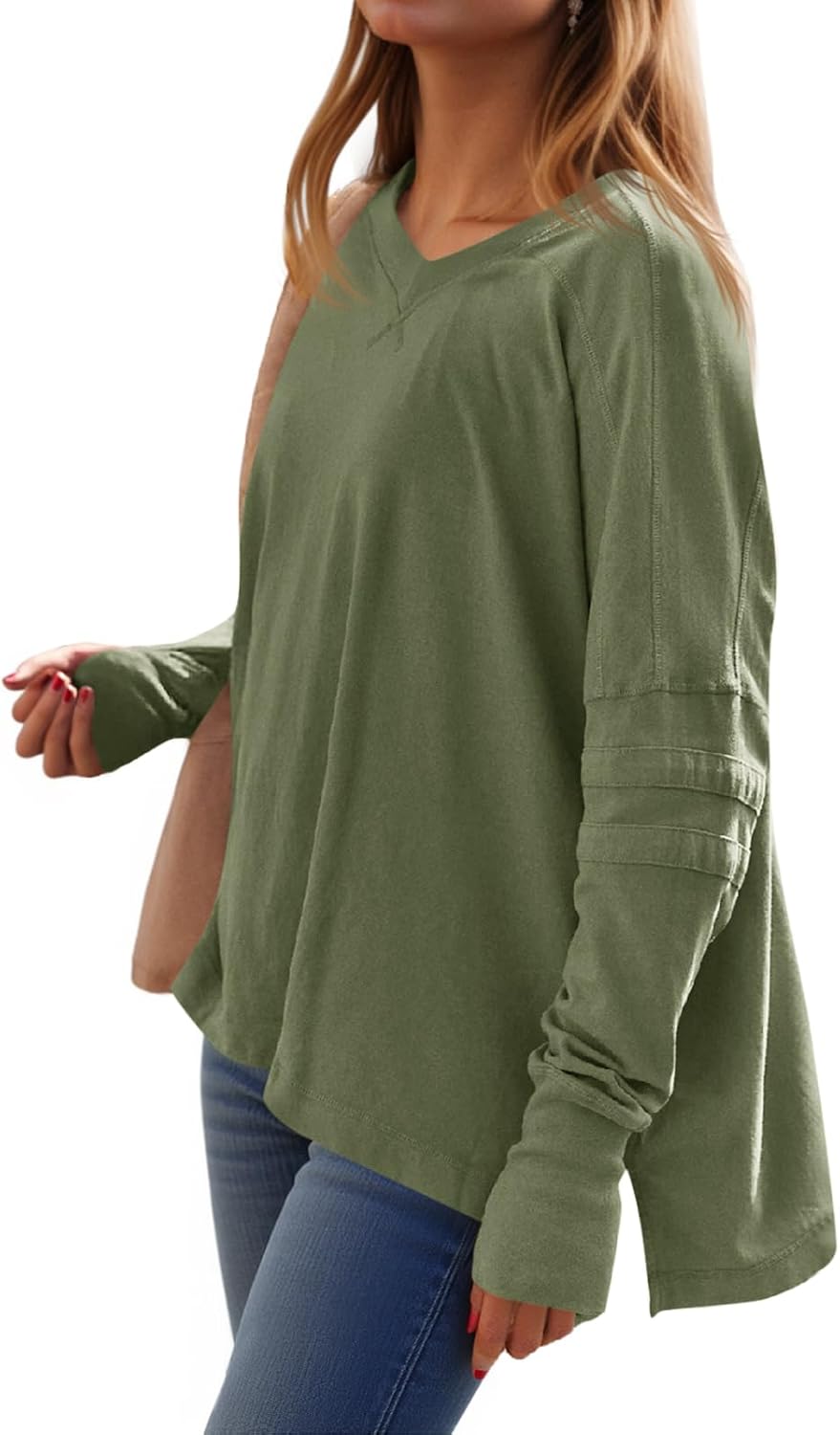 Loose-Fit, Long-Sleeve, Shirt-Style V-Neck T-Shirt