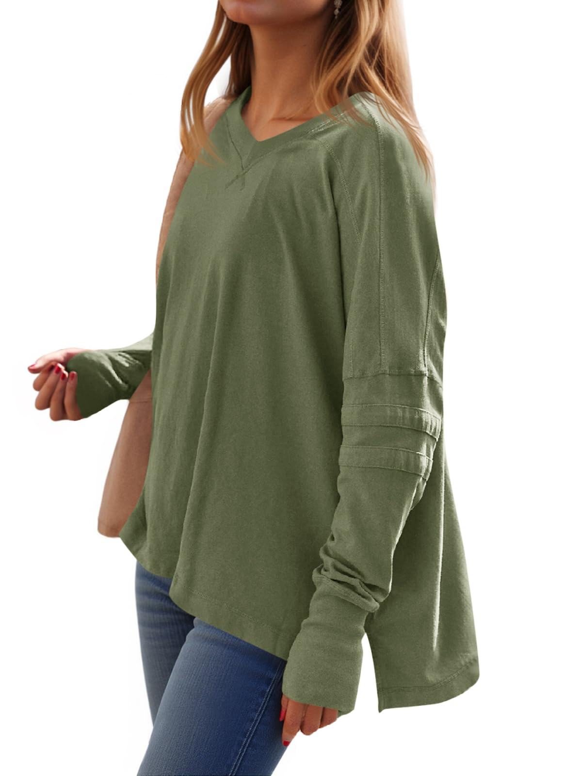 Loose-Fit, Long-Sleeve, Shirt-Style V-Neck T-Shirt
