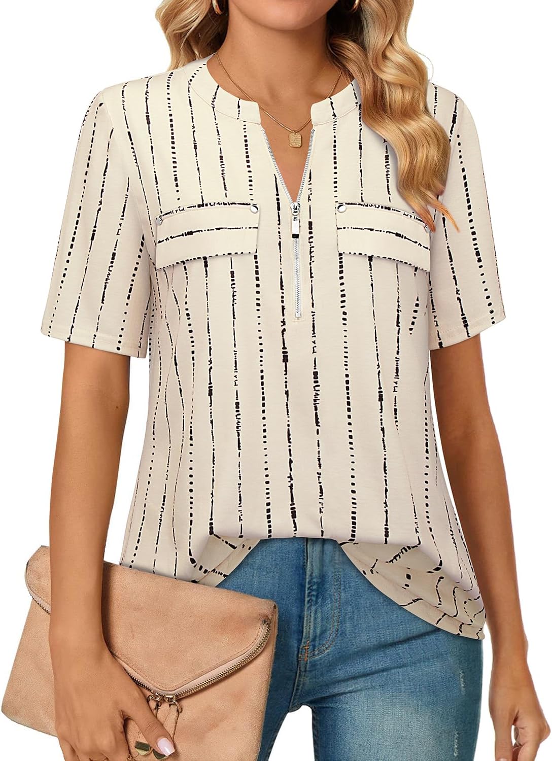 Short-Sleeve V-Neck Top with Zipper