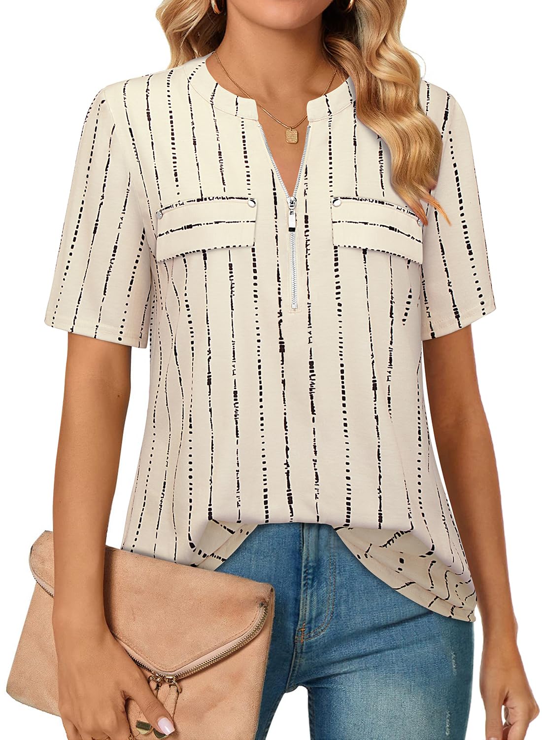 Short-Sleeve V-Neck Top with Zipper