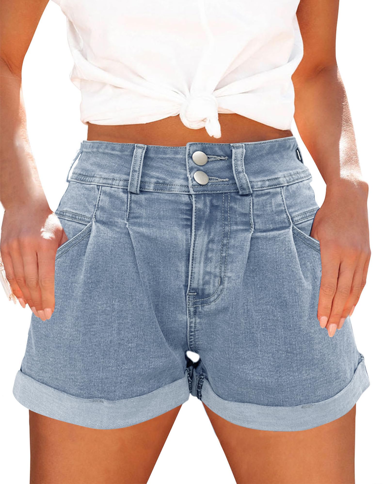 Loose-Fit, Casual, High-Waisted, Multi-Pocket Denim Shorts