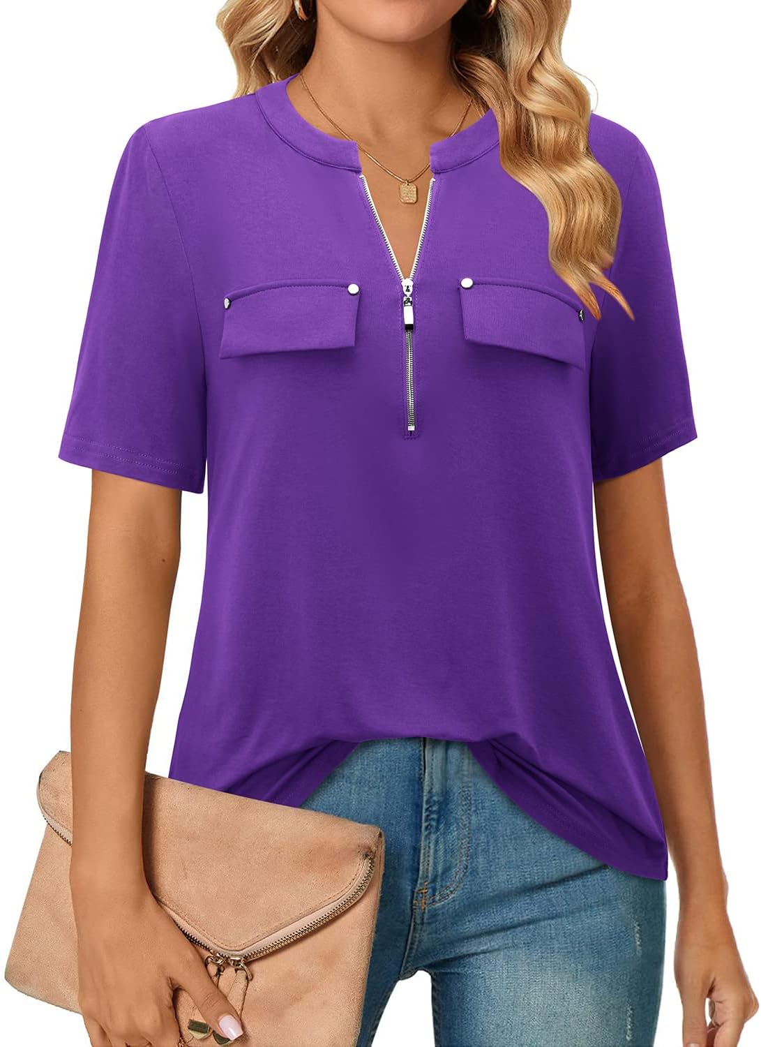 Short-Sleeve V-Neck Top with Zipper