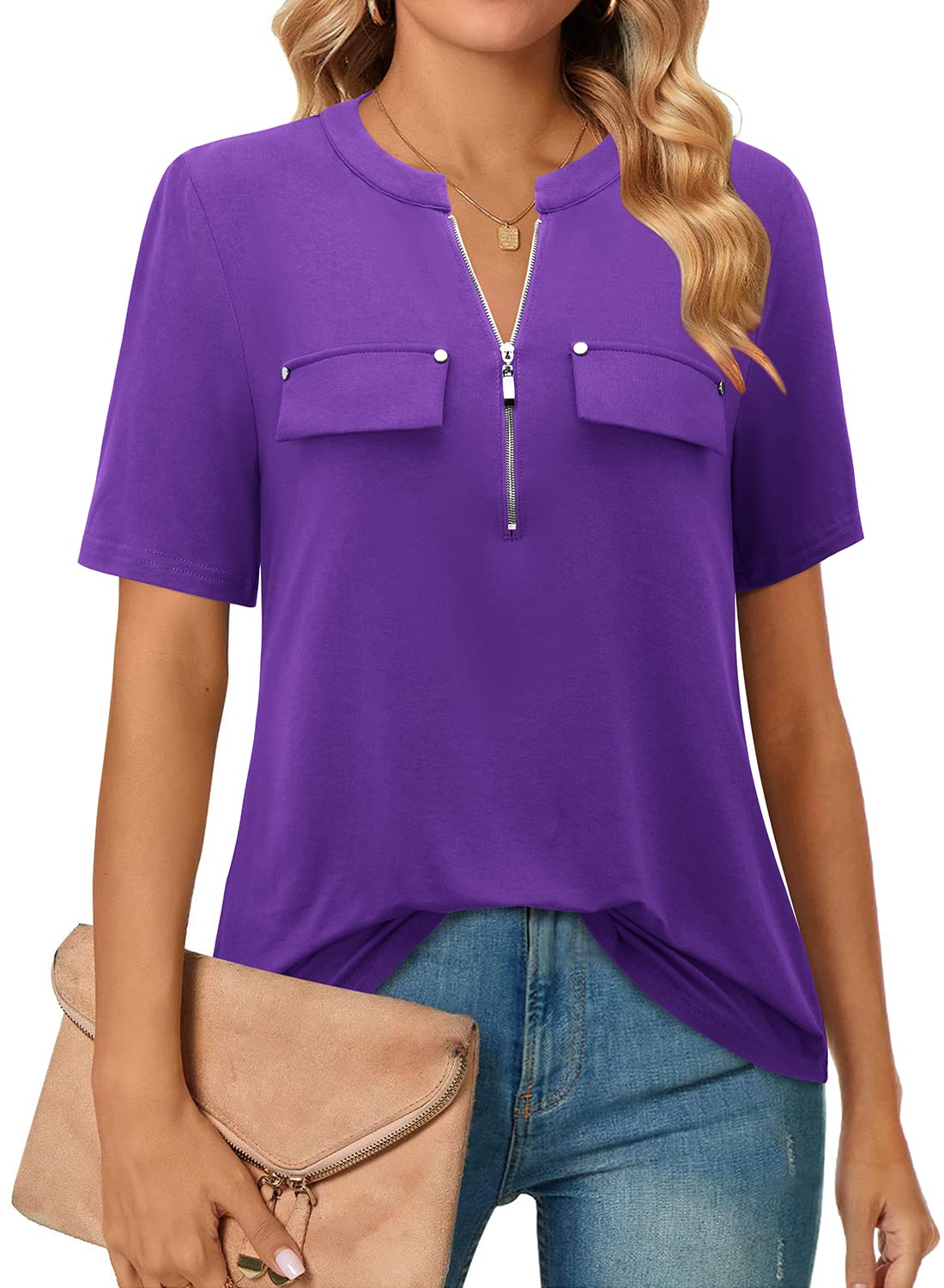 Short-Sleeve V-Neck Top with Zipper