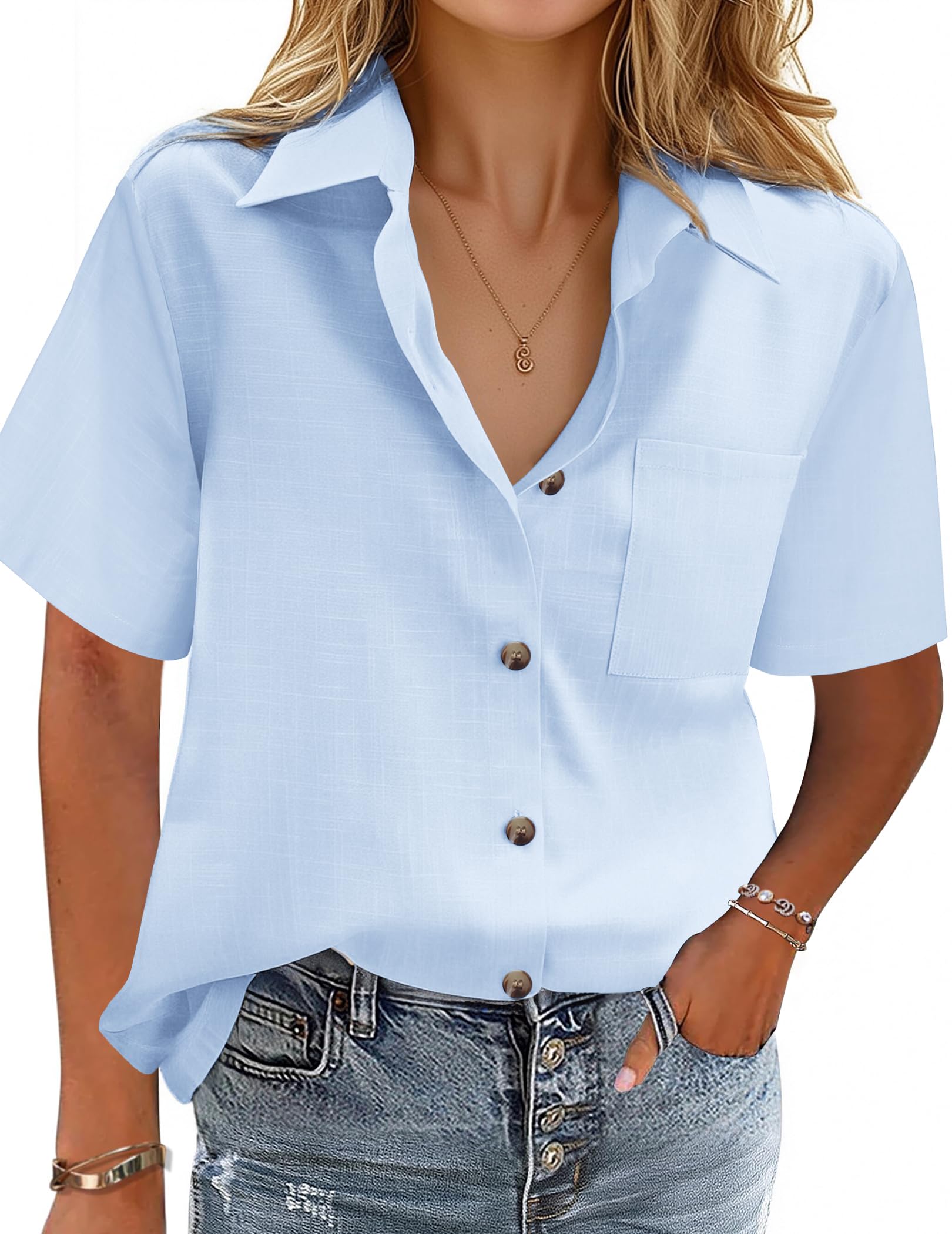 Cotton-Linen Button-Down Shirt — V-Neck Collared Top