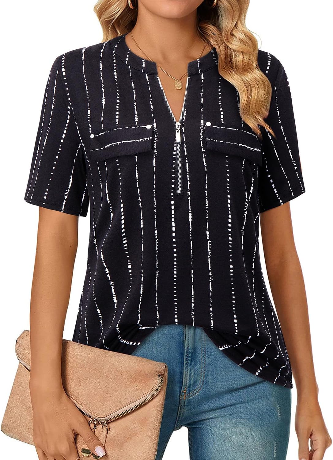 Short-Sleeve V-Neck Top with Zipper