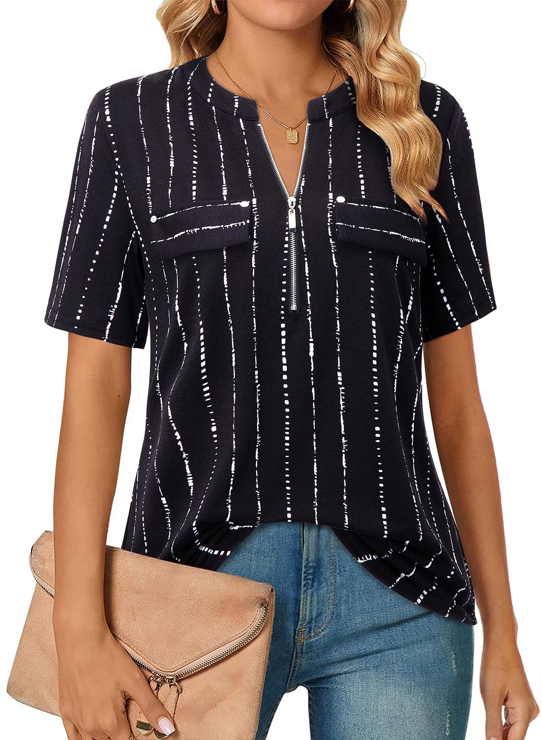 Short-Sleeve V-Neck Top with Zipper