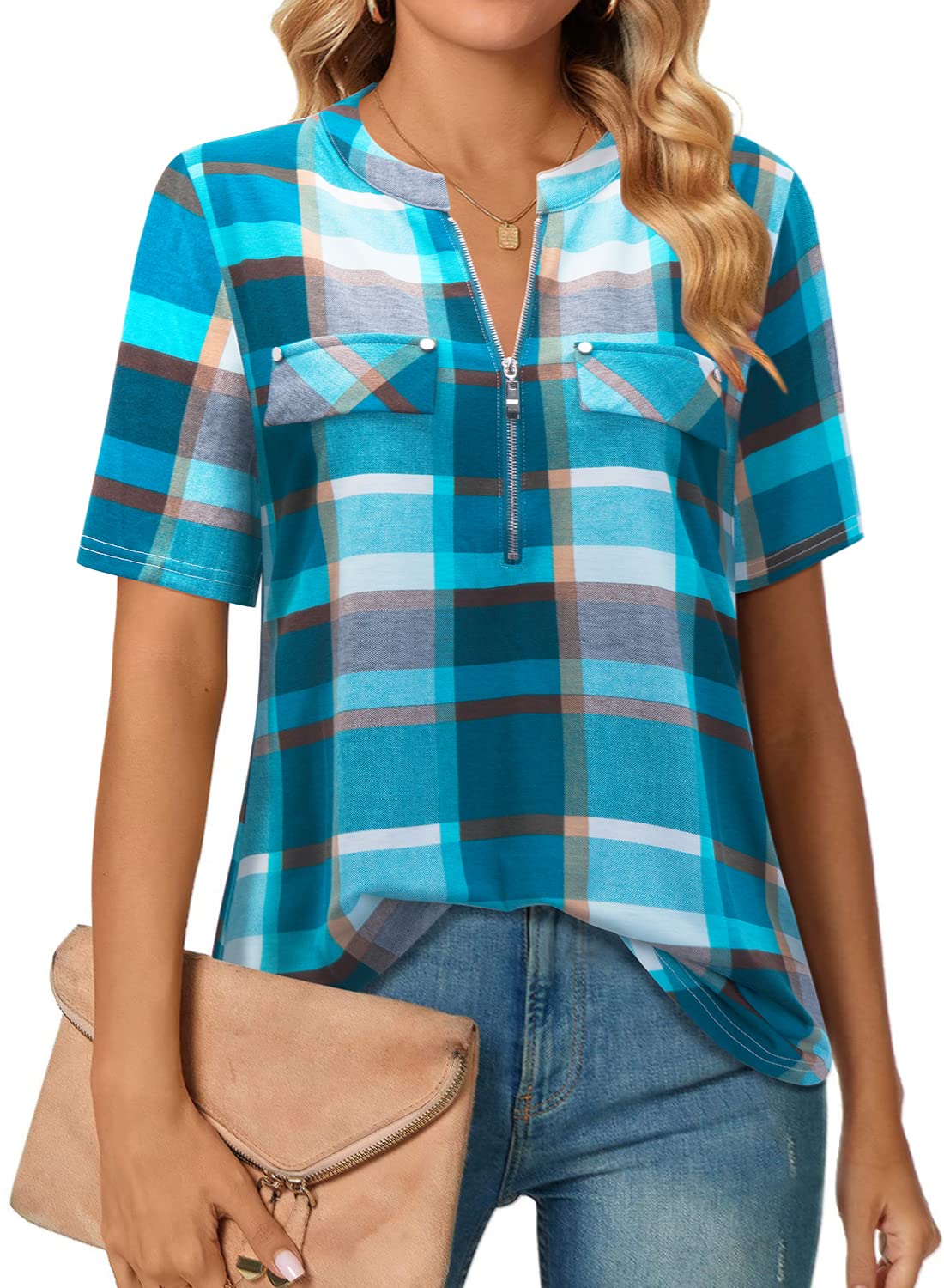 Short-Sleeve V-Neck Top with Zipper