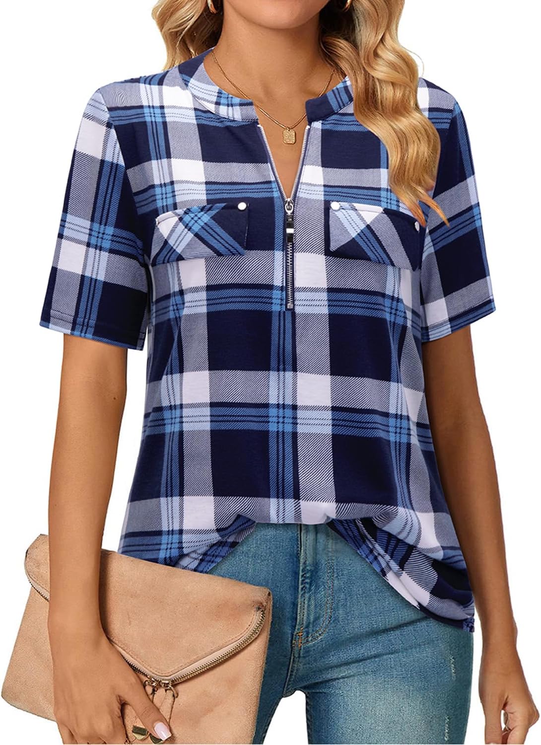 Short-Sleeve V-Neck Top with Zipper