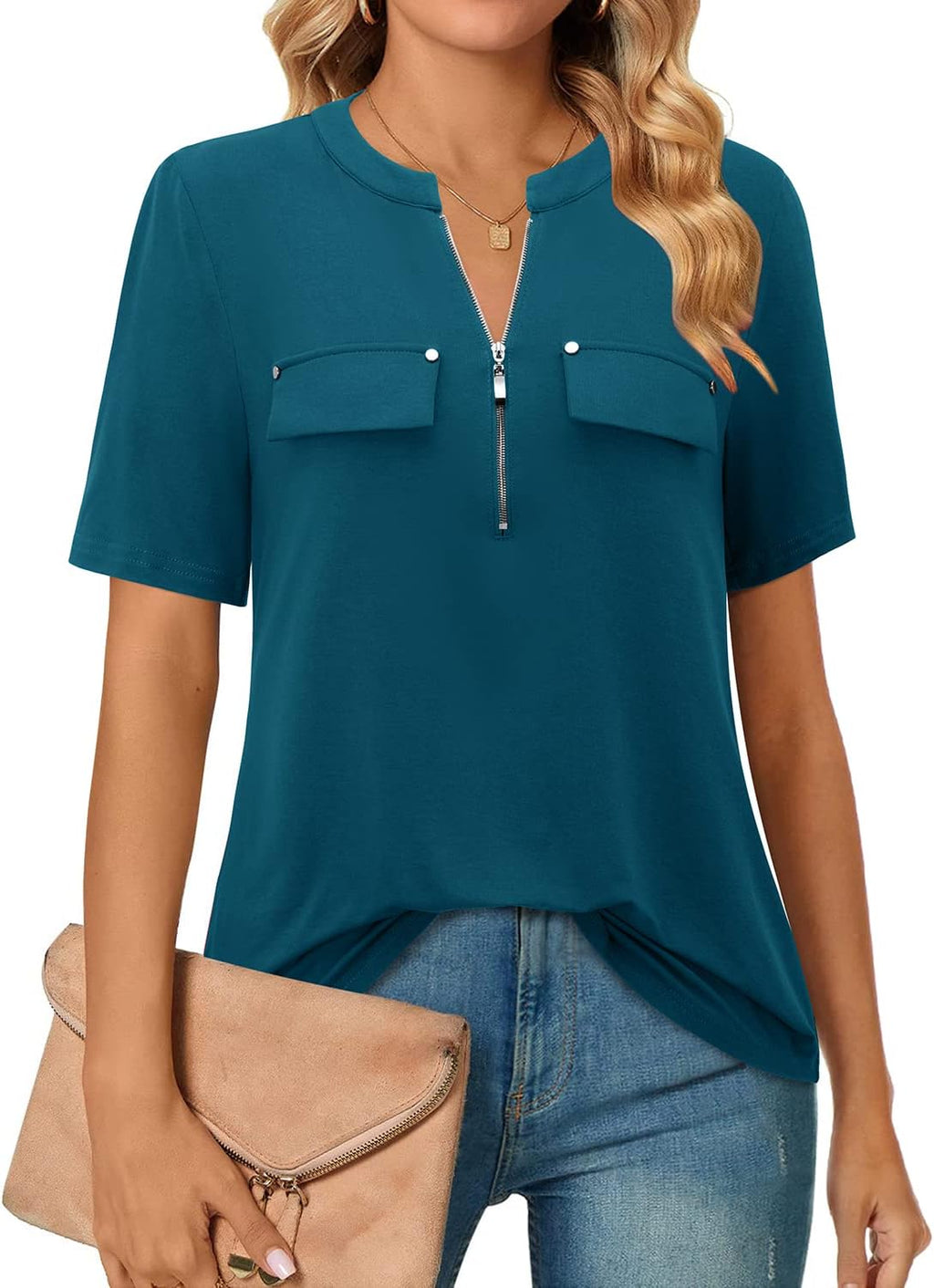 Short-Sleeve V-Neck Top with Zipper