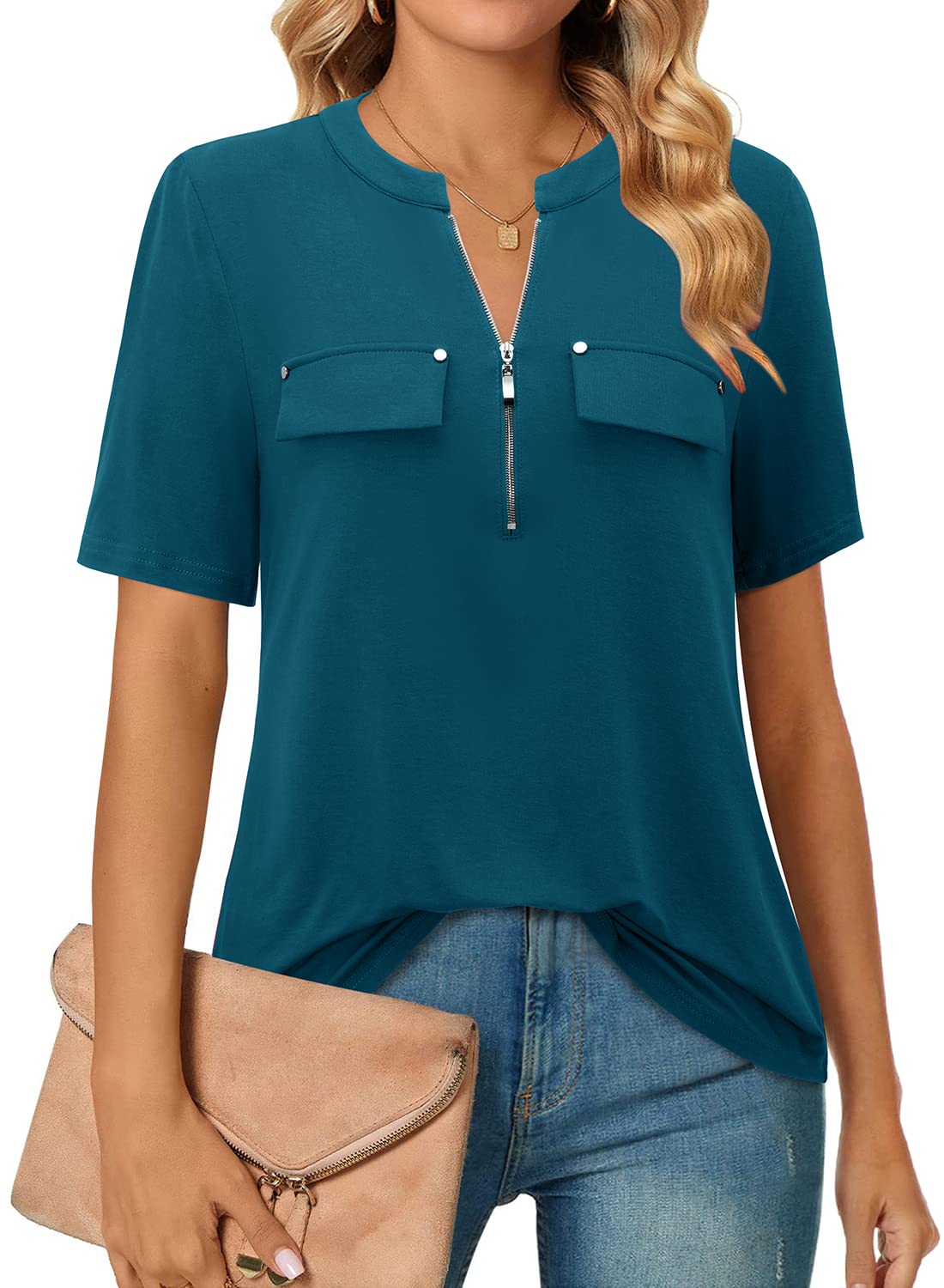 Short-Sleeve V-Neck Top with Zipper