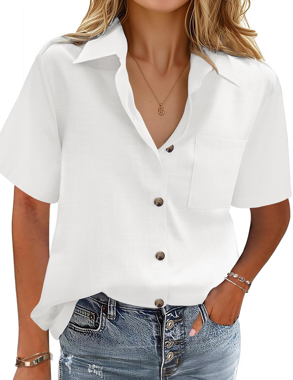Cotton-Linen Button-Down Shirt — V-Neck Collared Top