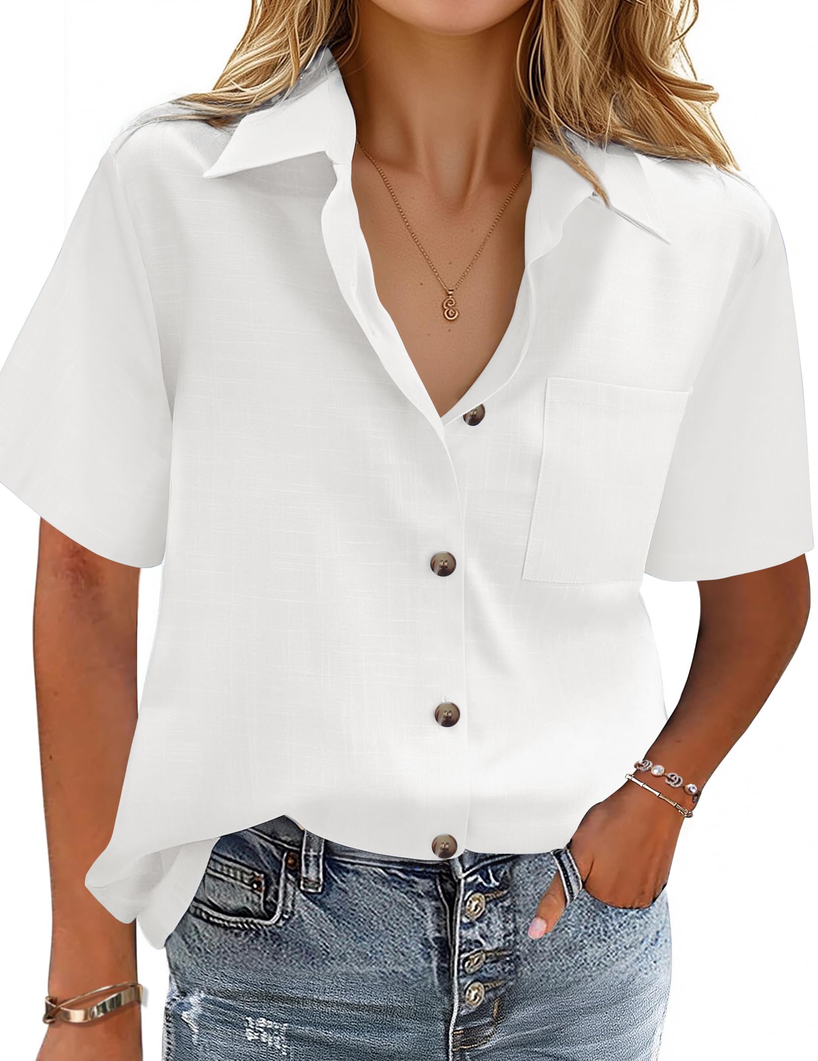 Cotton-Linen Button-Down Shirt — V-Neck Collared Top