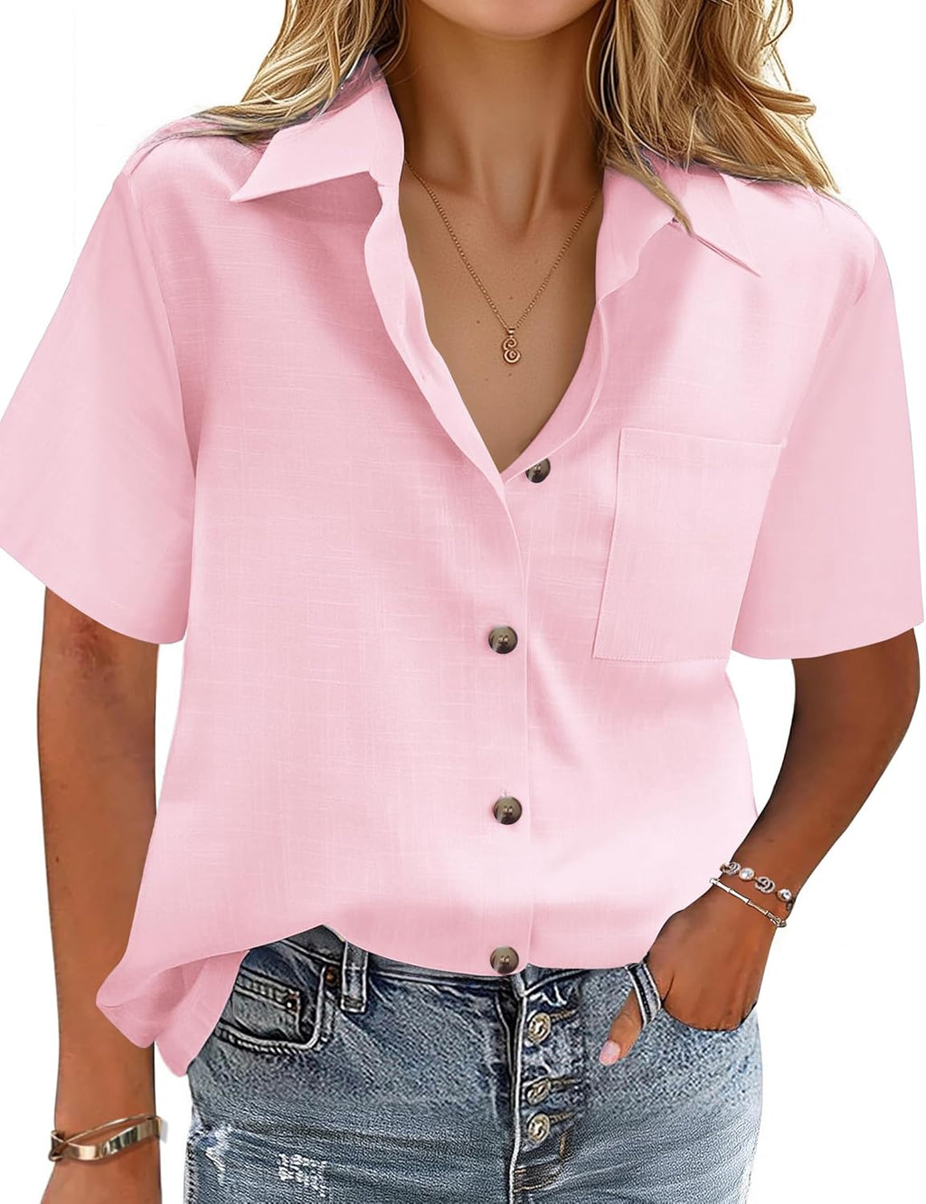 Cotton-Linen Button-Down Shirt — V-Neck Collared Top