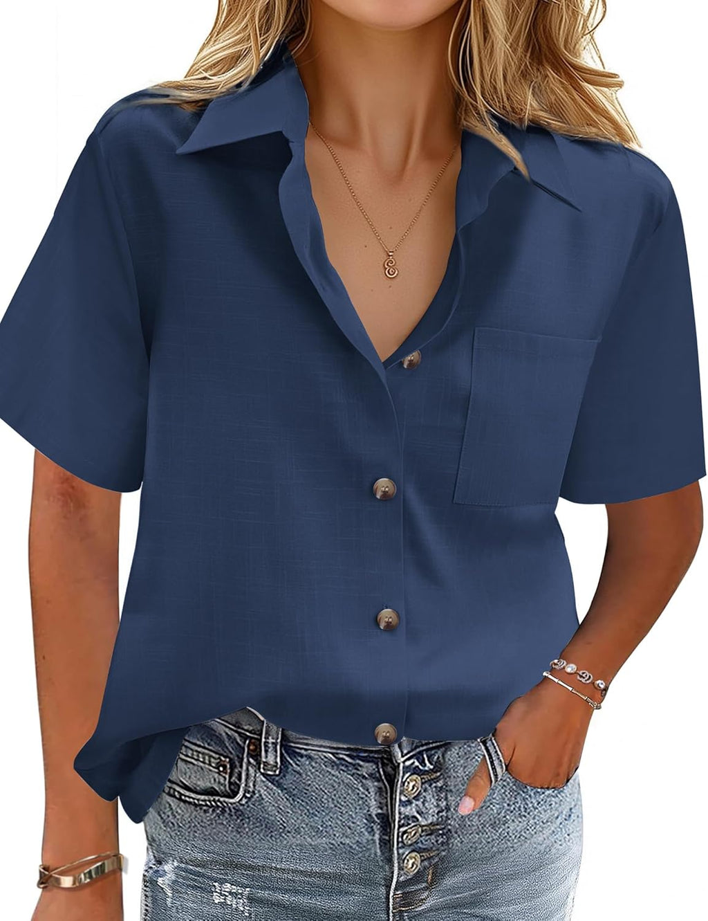 Cotton-Linen Button-Down Shirt — V-Neck Collared Top