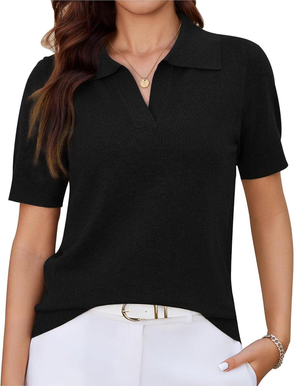 Short-Sleeve Knit Top — V-Neck