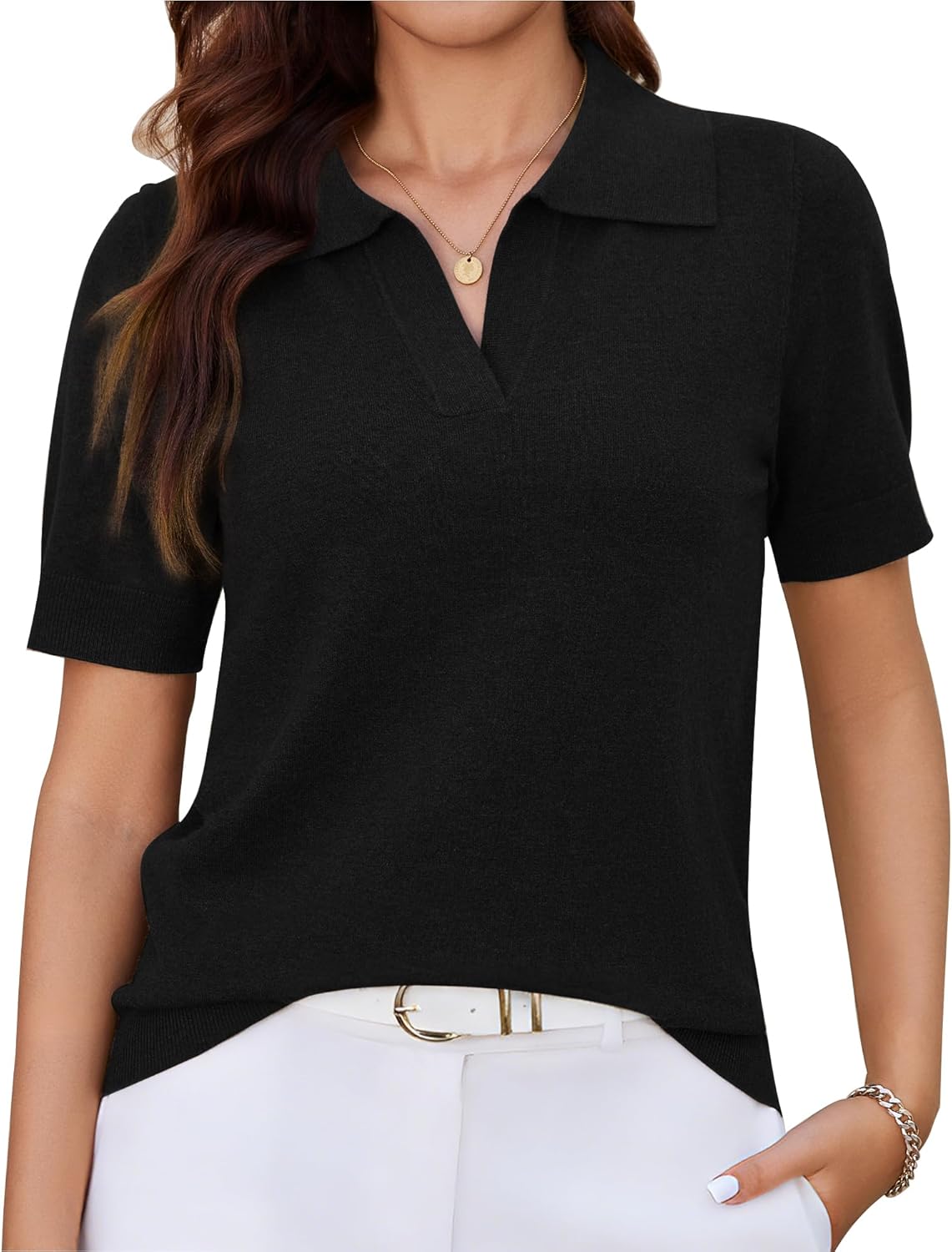 Short-Sleeve Knit Top — V-Neck