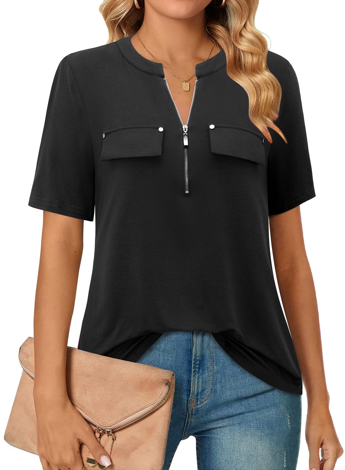 Short-Sleeve V-Neck Top with Zipper