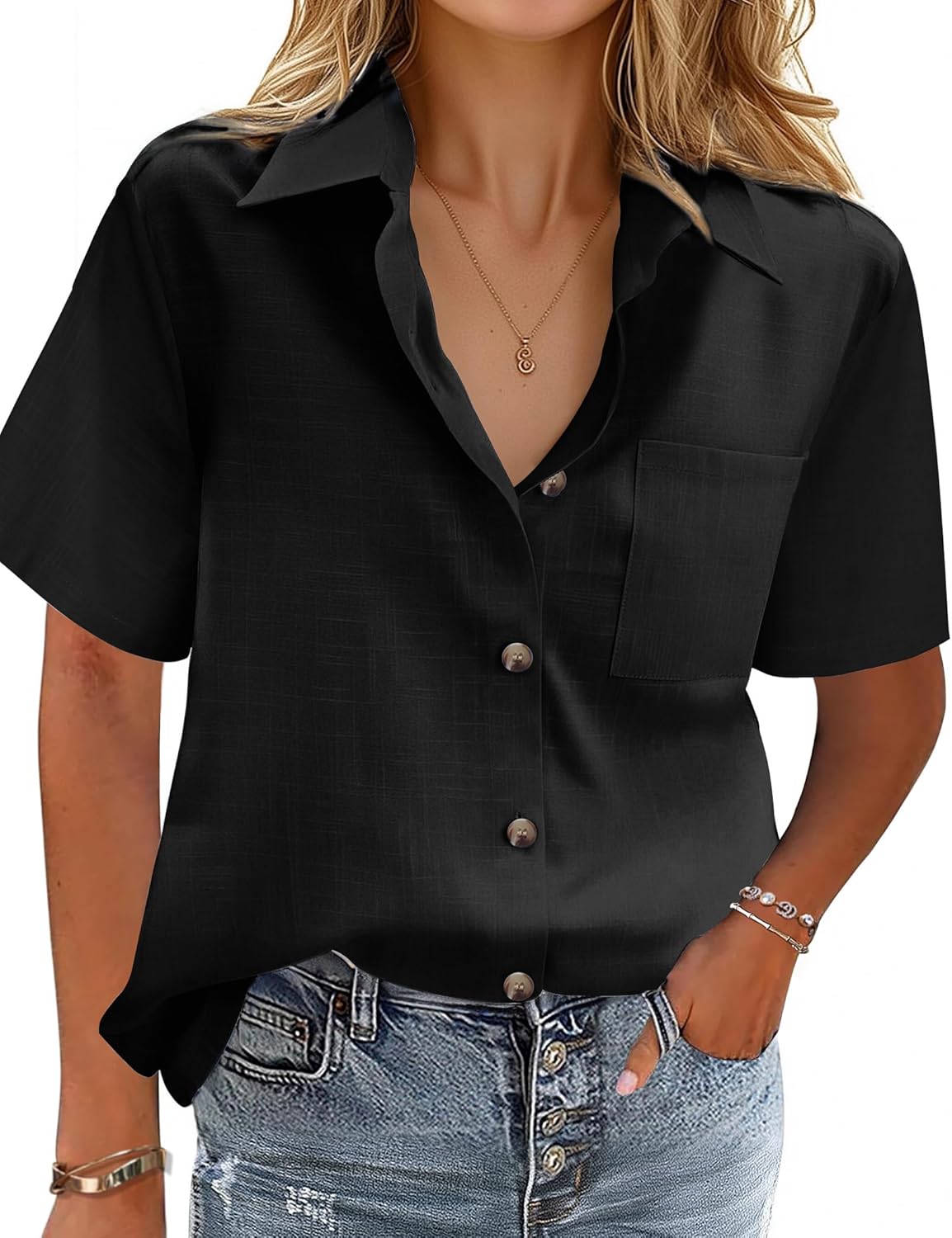 Cotton-Linen Button-Down Shirt — V-Neck Collared Top
