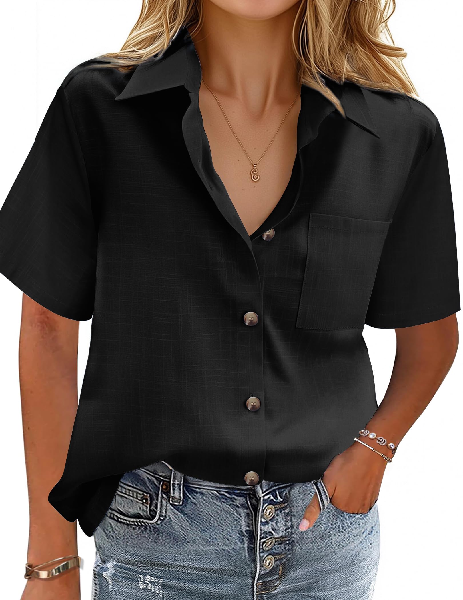 Cotton-Linen Button-Down Shirt — V-Neck Collared Top