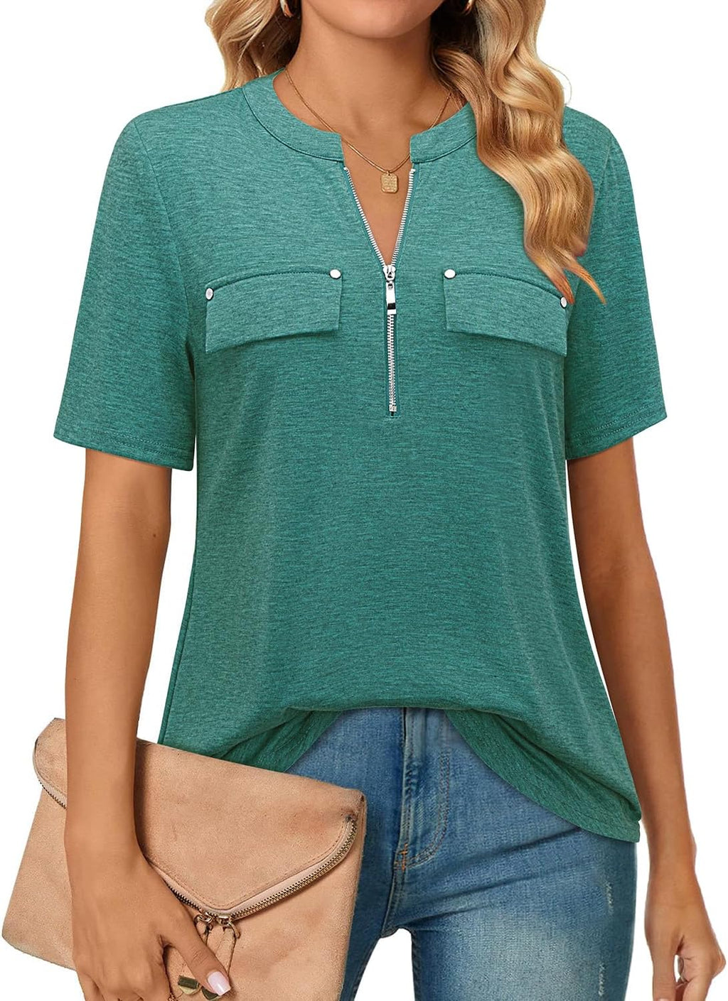 Short-Sleeve V-Neck Top with Zipper