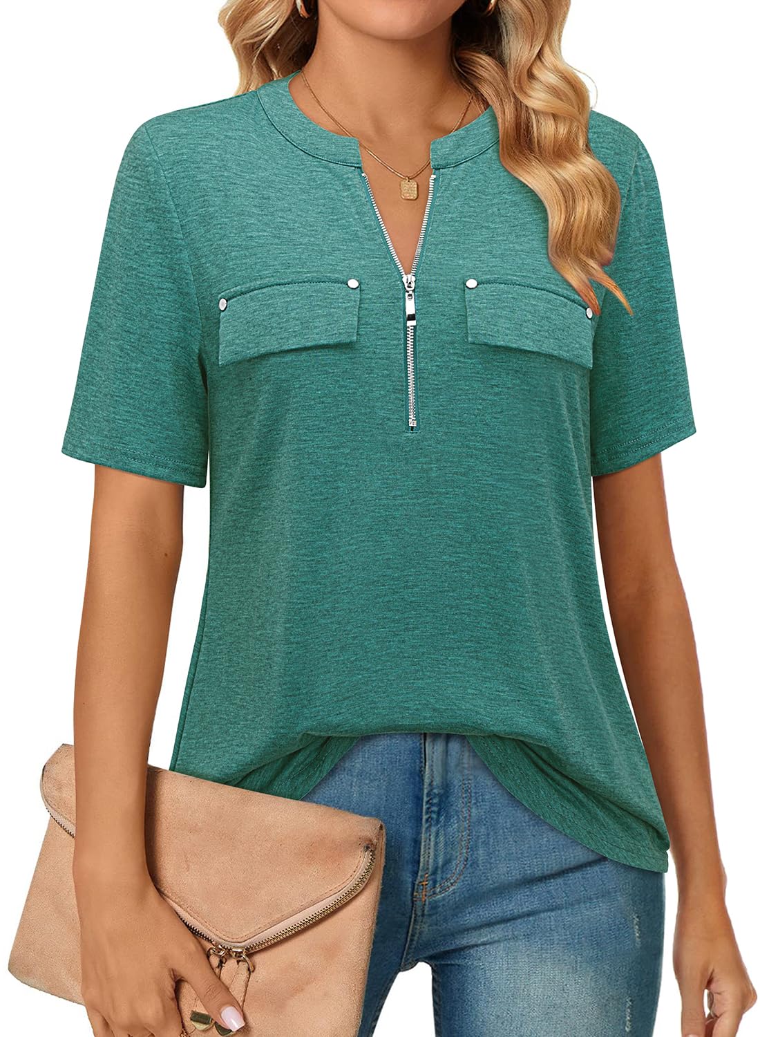 Short-Sleeve V-Neck Top with Zipper
