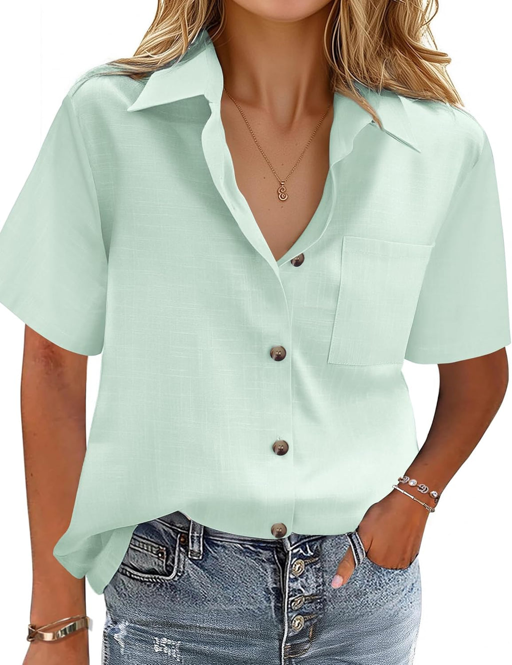 Cotton-Linen Button-Down Shirt — V-Neck Collared Top