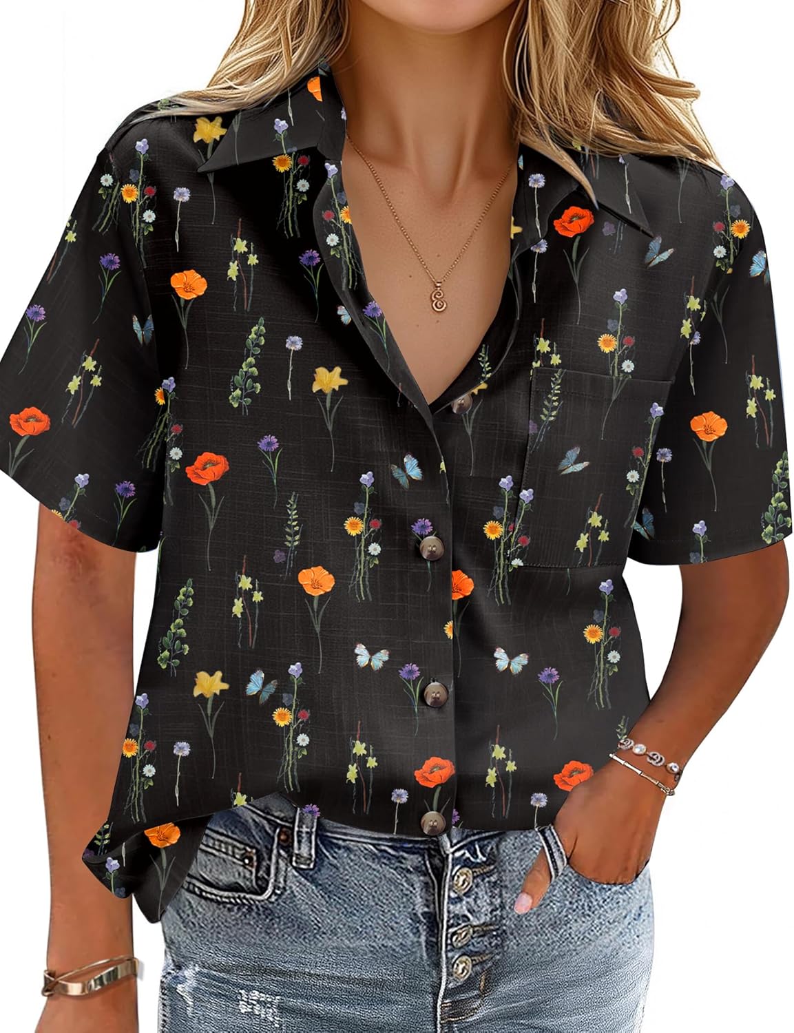 Cotton-Linen Button-Down Shirt — V-Neck Collared Top