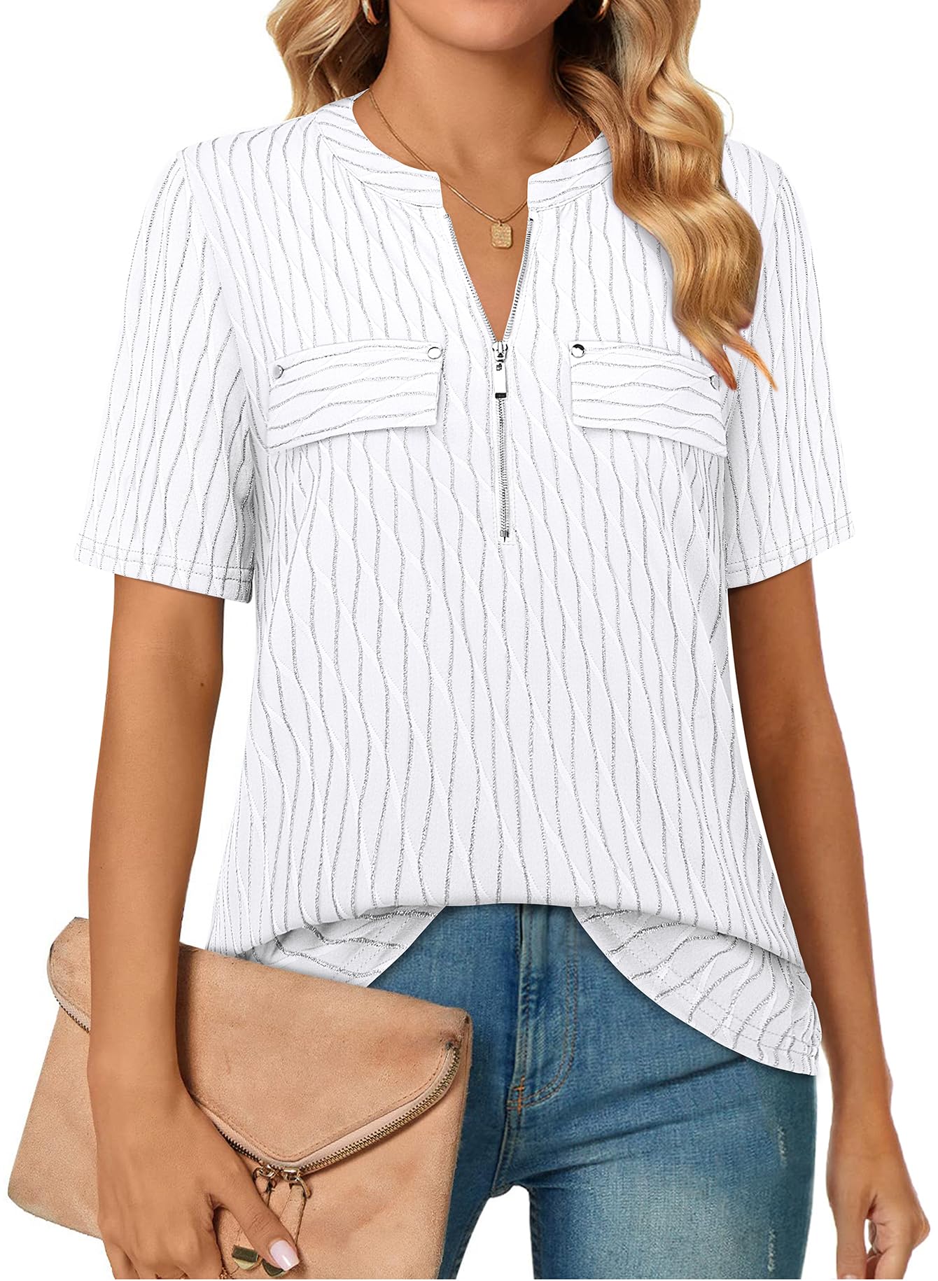 Short-Sleeve V-Neck Top with Zipper