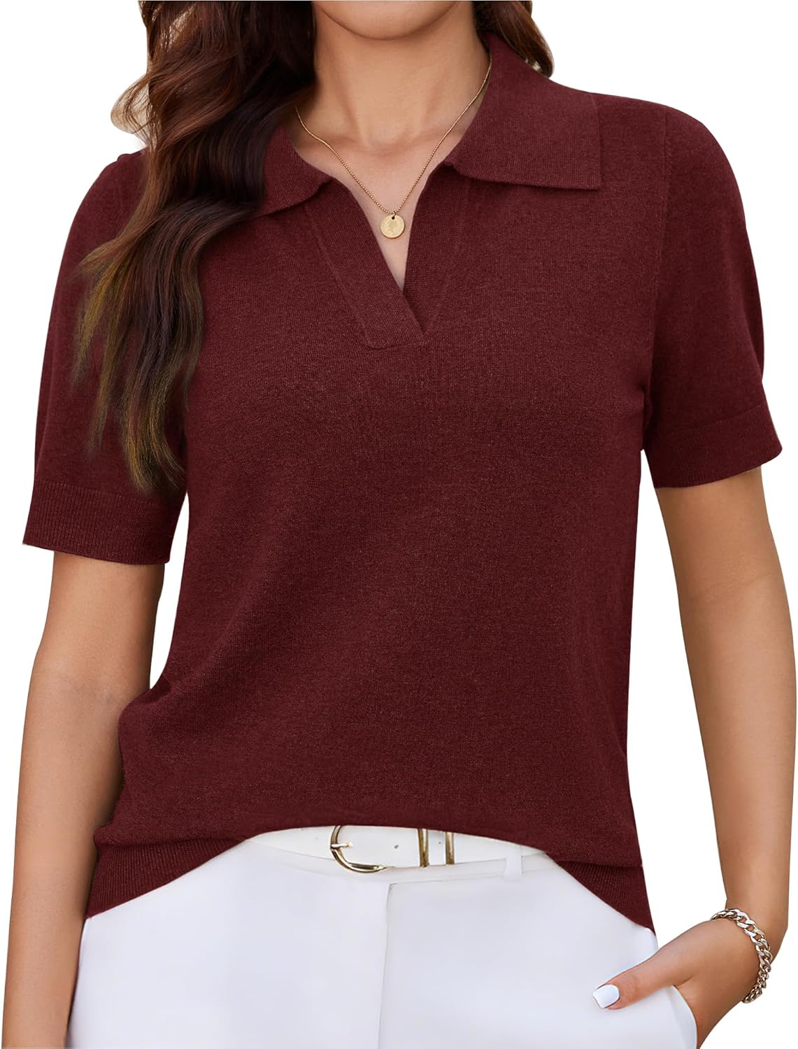 Short-Sleeve Knit Top — V-Neck