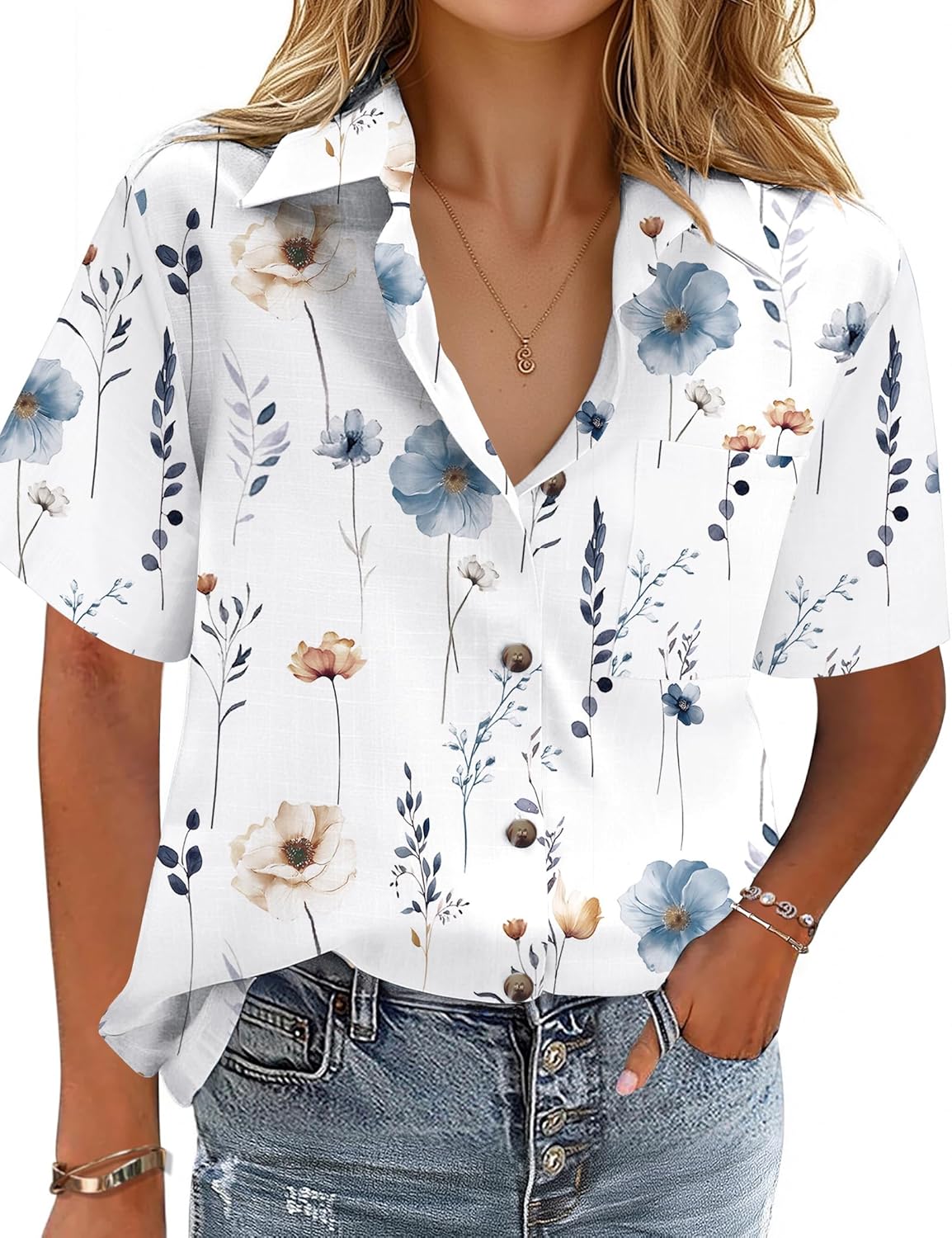 Cotton-Linen Button-Down Shirt — V-Neck Collared Top