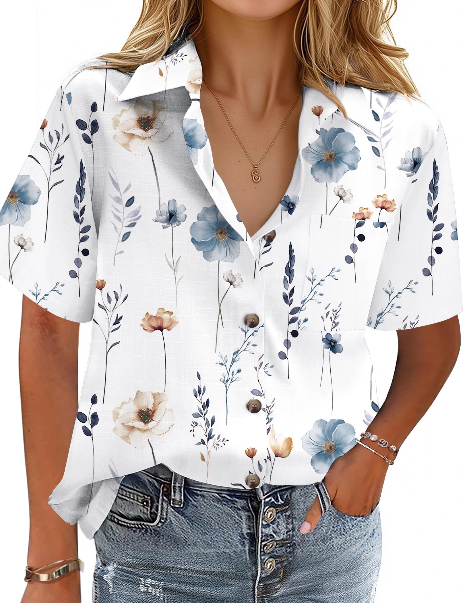 Cotton-Linen Button-Down Shirt — V-Neck Collared Top