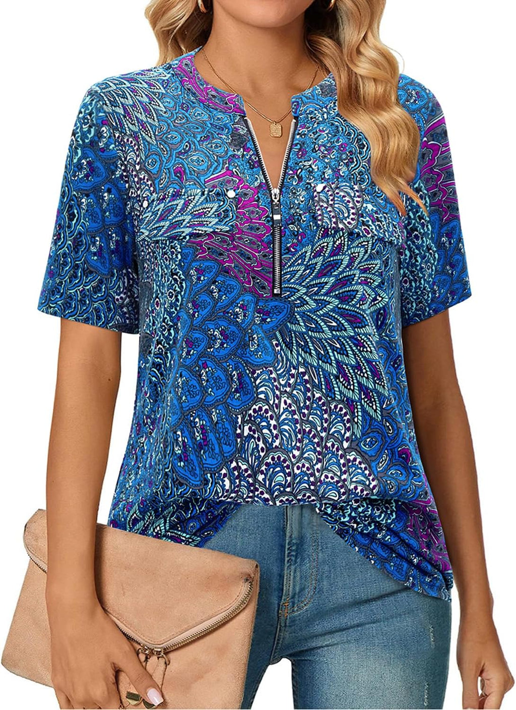 Short-Sleeve V-Neck Top with Zipper