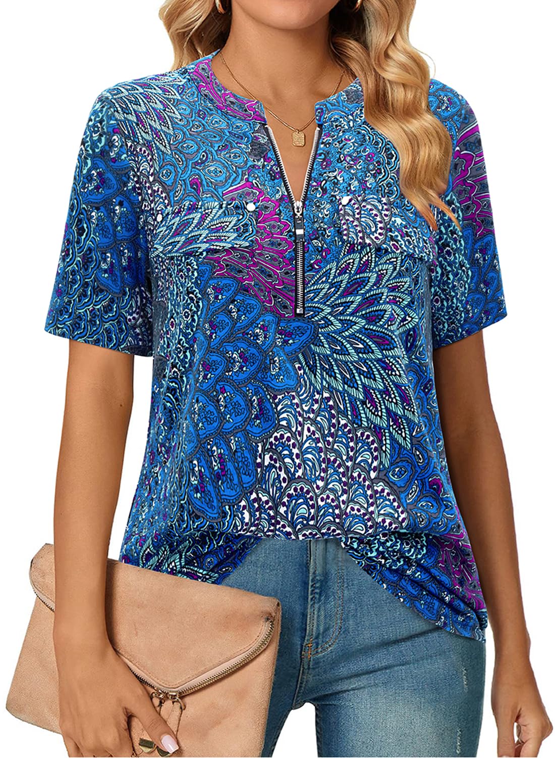 Short-Sleeve V-Neck Top with Zipper