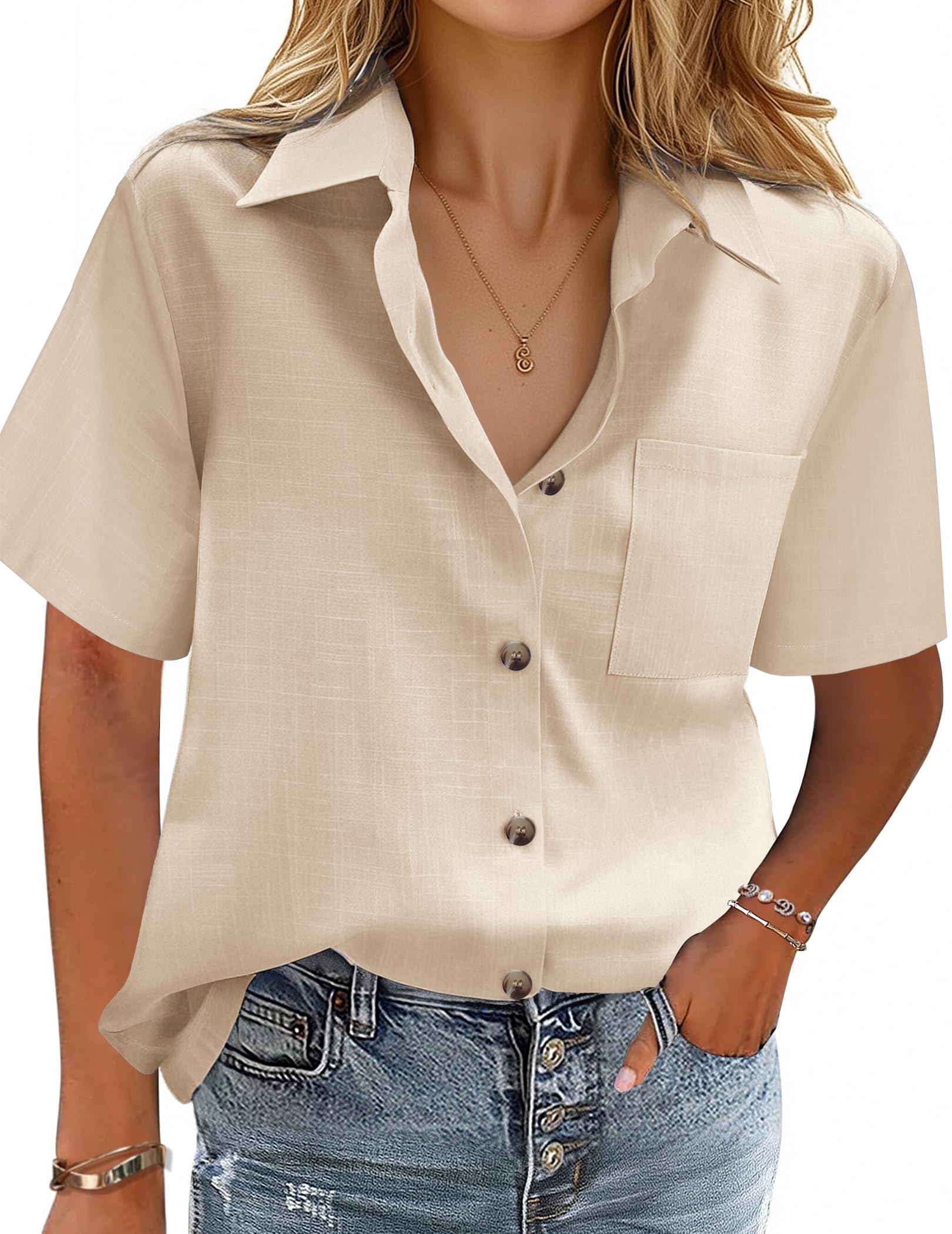 Cotton-Linen Button-Down Shirt — V-Neck Collared Top