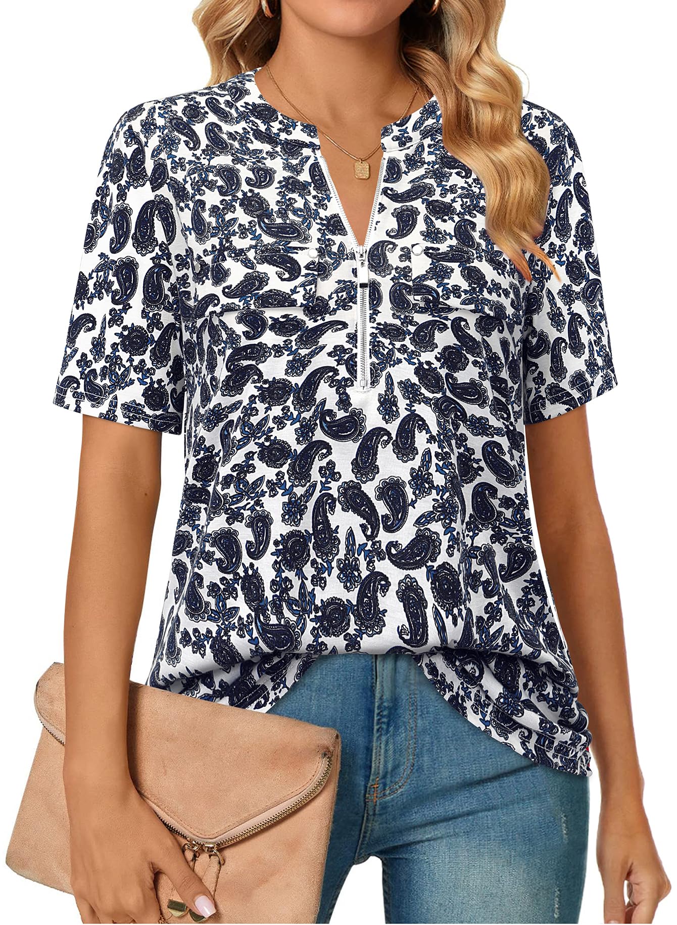Short-Sleeve V-Neck Top with Zipper